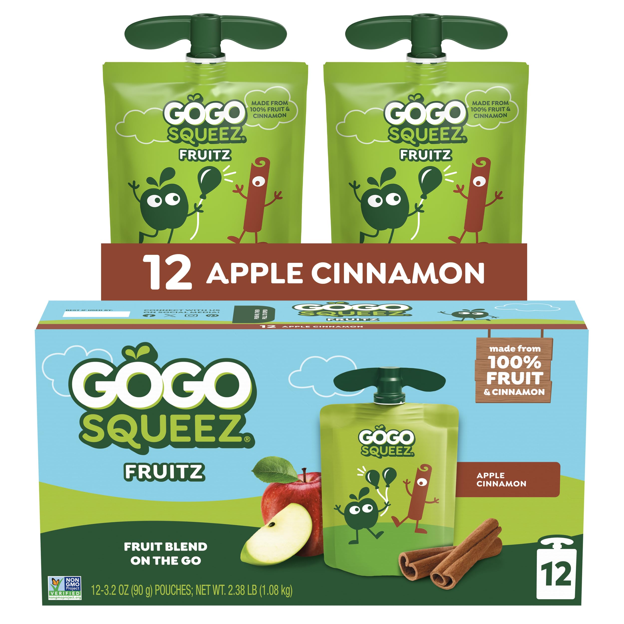 GoGo squeeZ Applesauce and Fruit Puree, Apple Cinnamon, 3.2 oz (Pack of 12), Unsweetened Fruit Snacks for Kids, Gluten Free, Nut Free and Dairy Free, BPA Free Pouches (Packaging May Vary)