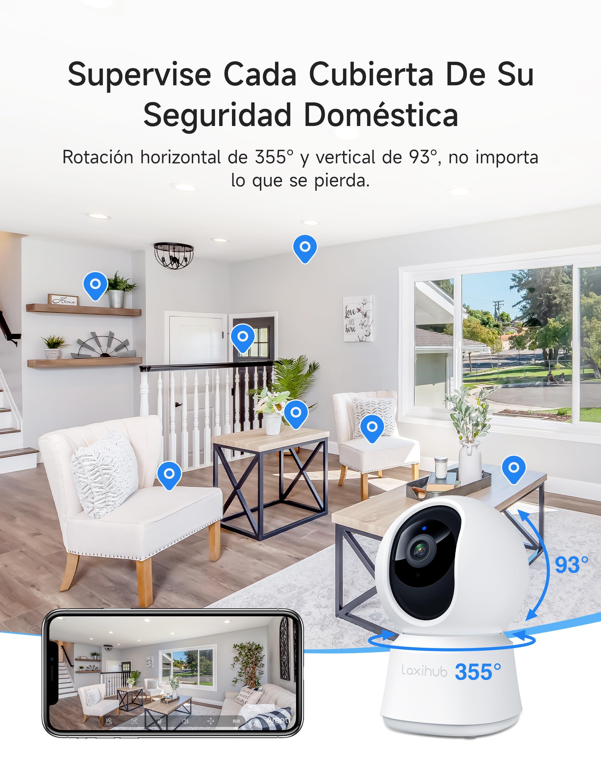LAXIHUB 5MP Cámara Vigilancia WiFi Interior, 2,4/5GHz Cámara Vigilancia Domicilio WiFi, Cámara para Perros PTZ 355°, Audio Bidireccional, IP Cámara para Mascotas Compatible con Alexa