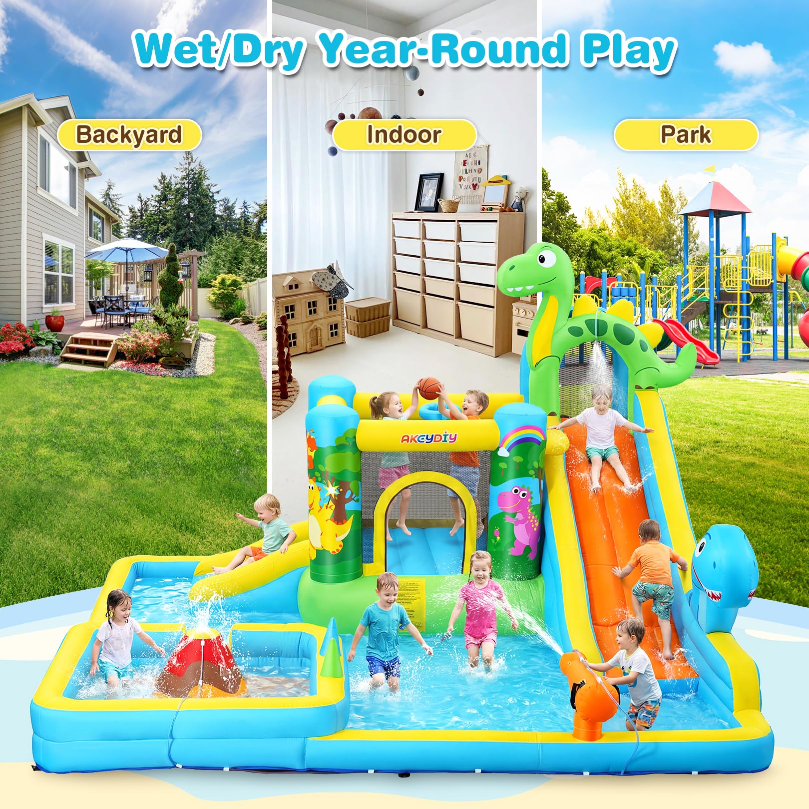 AKEYDIY Große Wasserrutsche für Kinder im Alter von 3–12 Mädchen/Jungen, Dinosaurier-Thema, aufblasbares Hüpfhaus, 550 W Gebläse, Lange und Kurze Rutschen, Planschbecken für Kinder, Sommer