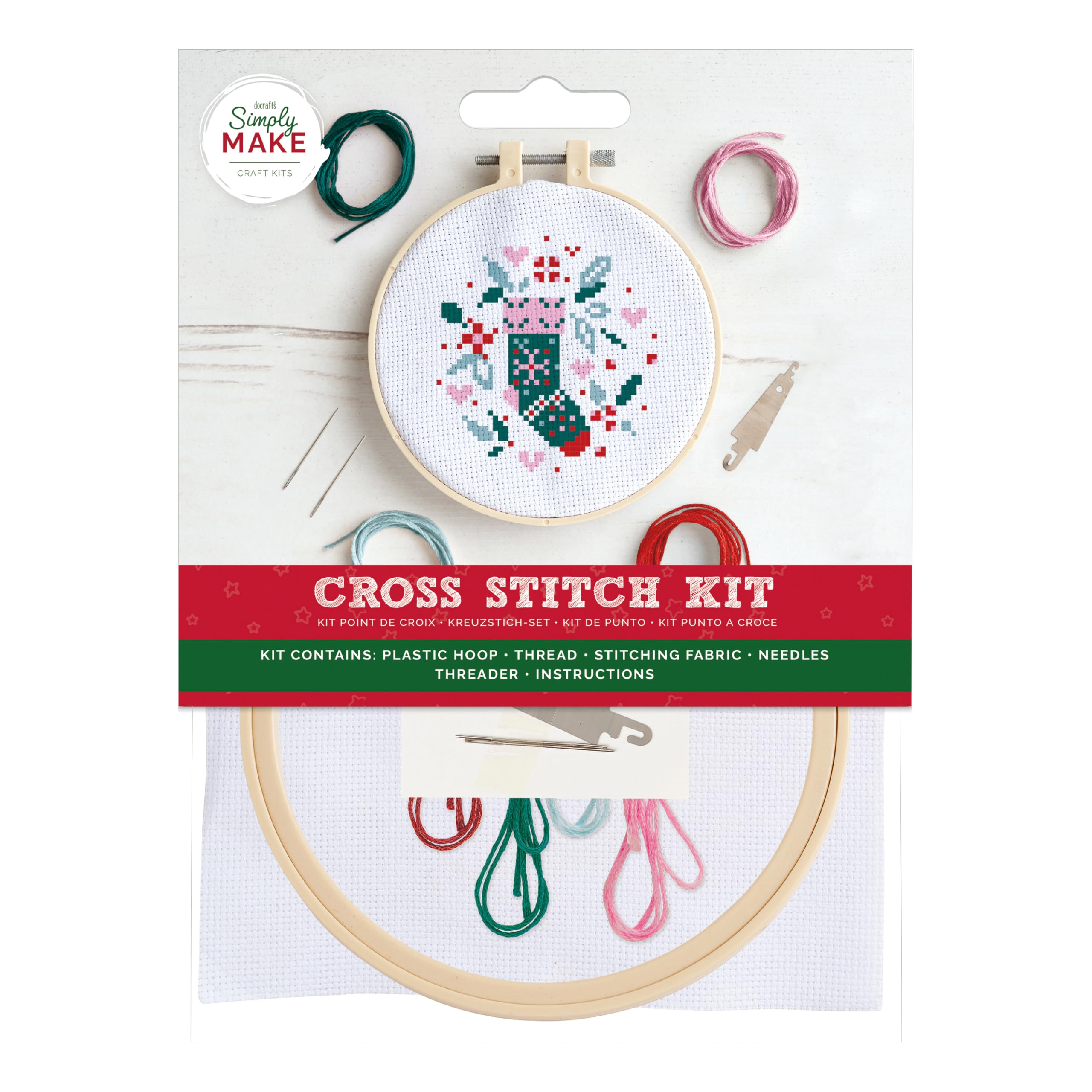 Simply Make Stocking Cross Stitch Kit - Design For Kids And Adults, Including Hoop, Embroidery Thread, Fabric And Needle - Perfect For Adult Crafts And Beginners - Starter Cross Stitch Craft Kit