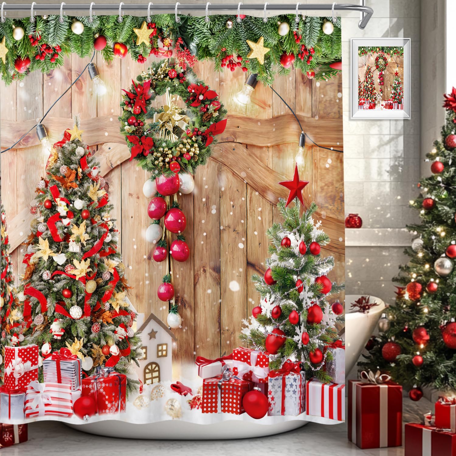 Canessioa Farmhouse Christmas Shower Curtain Rustic Wood Barn Door Xmas Trees Shower Curtains Country Winter Snowflake Shower Curtain Sets for