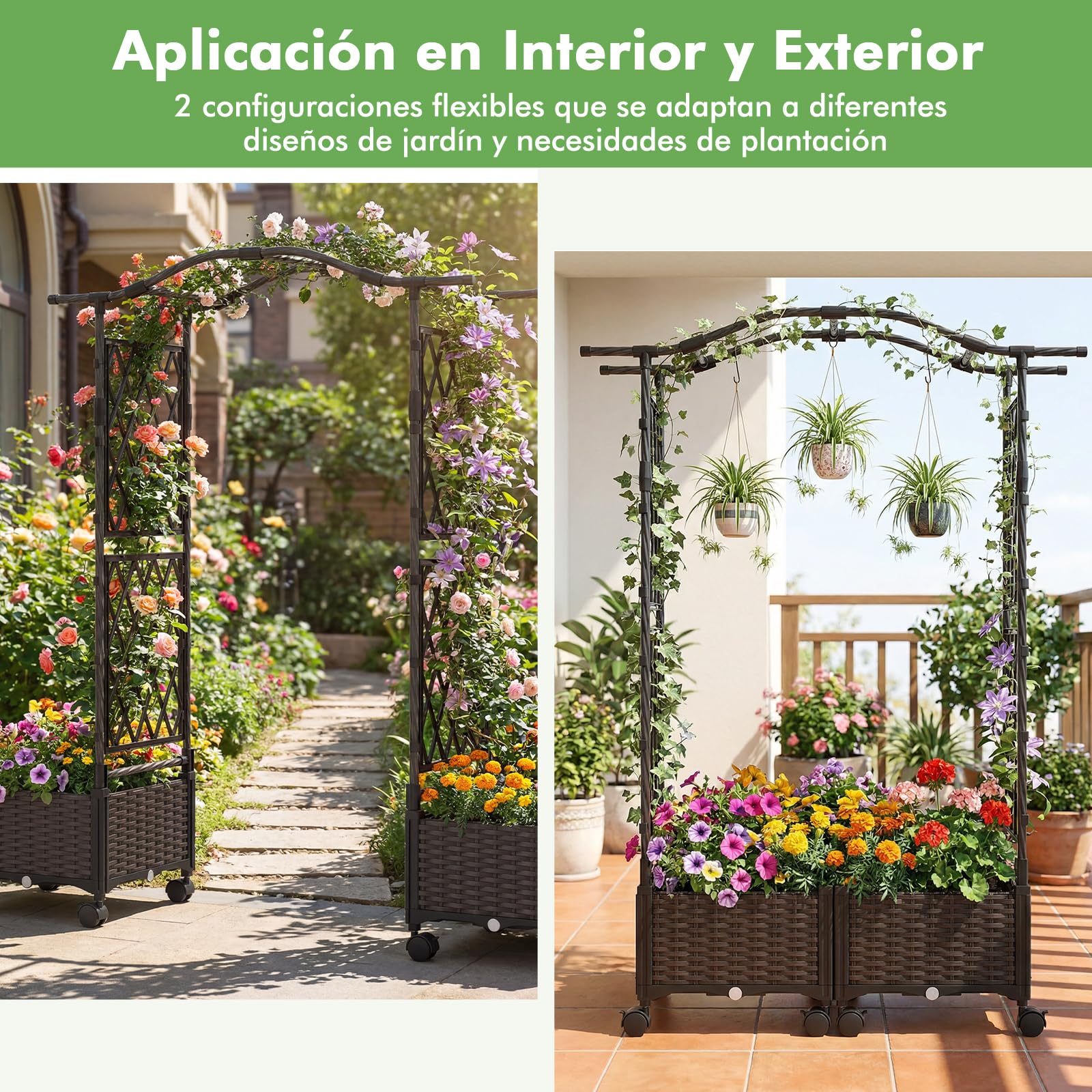 RELAX4LIFE Arco de Jardín con 2 Macetas, Jardineras con Arco Superior, Enrejado para Plantas Trepadoras con Ruedas, Sistema de Auto-Riego, para Flores, Hierbas Aromáticas y Plantas Trepadoras