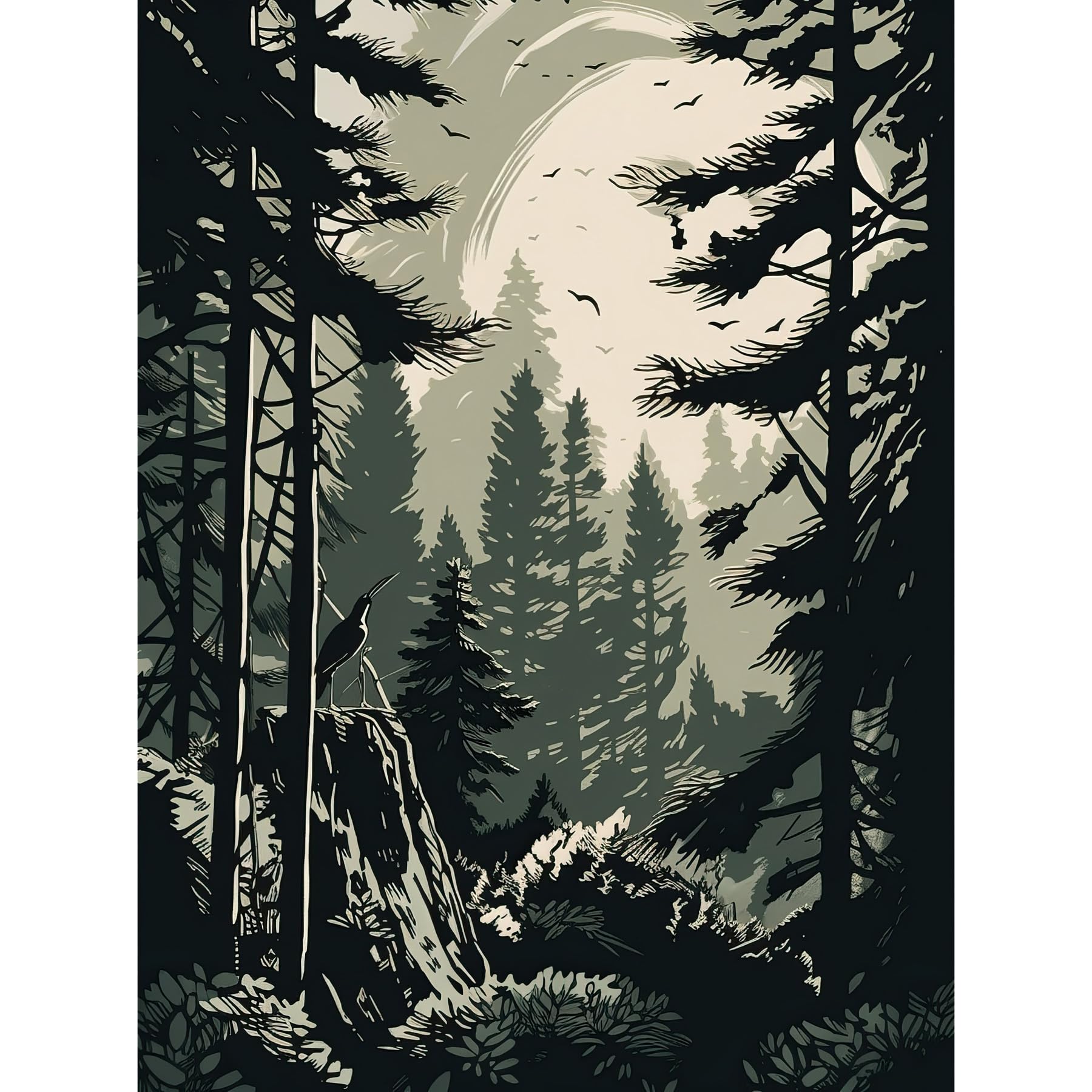 Artery8 Pine Tree Forest Sunrise Landscape Illustration Unframed Art Print Poster Wall Decor 12x16 inch
