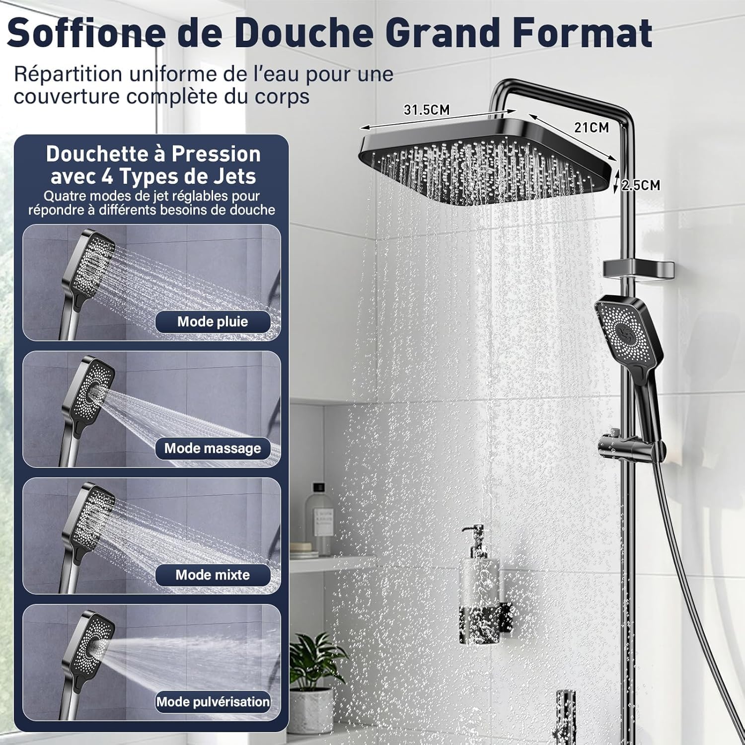 Colonne de Douche avec Mitigeur, Ensemble Douche Tête Pluie XXL 31,5cm, Panneau Commande Piano 4 Fonctions, Hauteur Réglable 83-110cm, pour Baignoire et Salle de Bain - Gris
