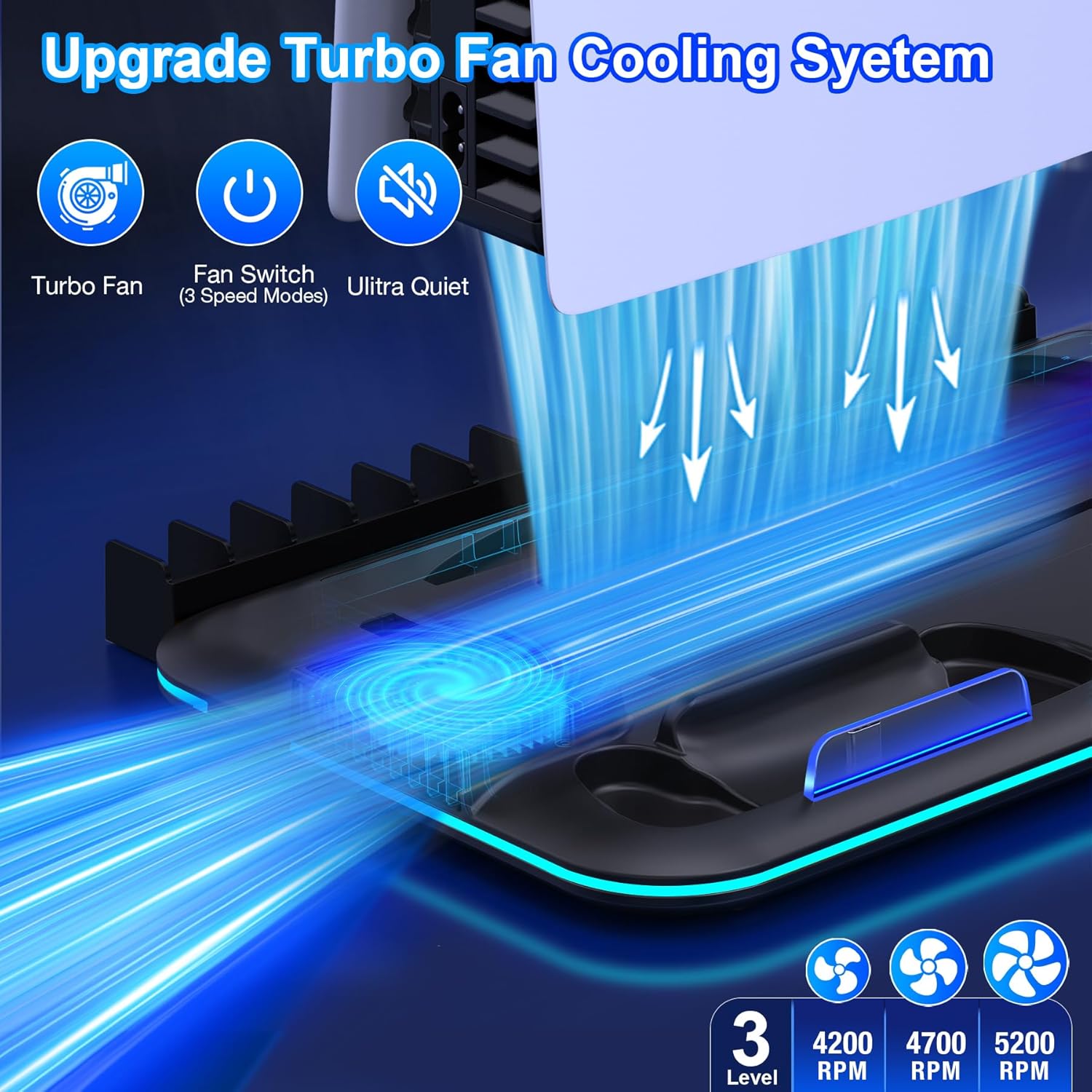 Kawaye PS5/Slim/Pro Stand and Cooling Station for PlayStation 5 Consoles, PS5/Pro/Slim Accessories with 3-Level Cooler Fan, PS5 Controller Charger, Cooling Satnd, Headset Holder, 15 Game Slots, Black - Image 3