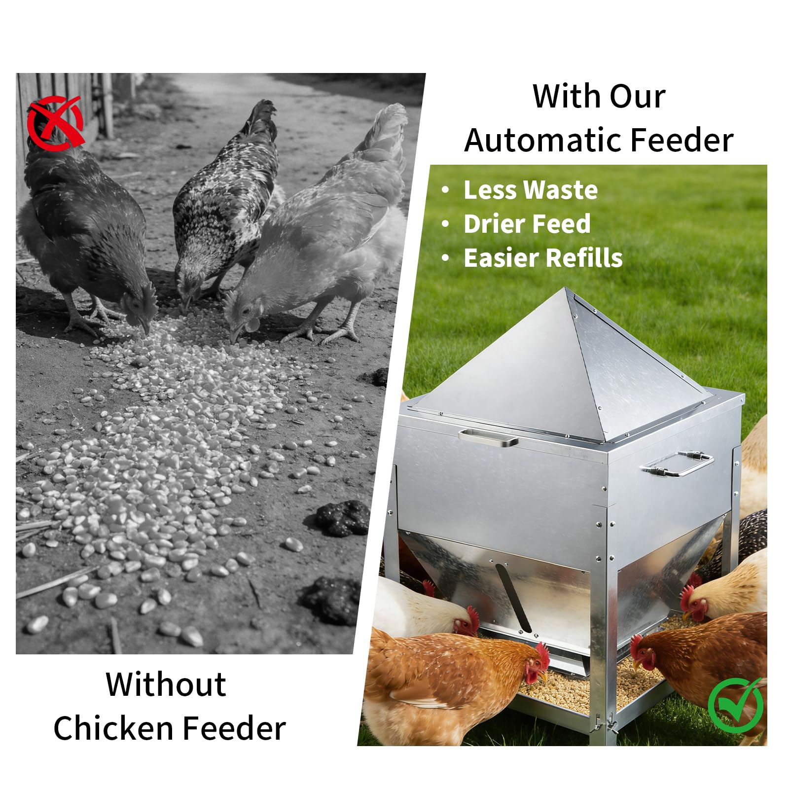 Comedero automático de pollo, comedero de pollo de gran capacidad de 80 libras, comedero de aves de corral sin residuos con patas y tapa a prueba de lluvia, comederos de metal para aves de corral al