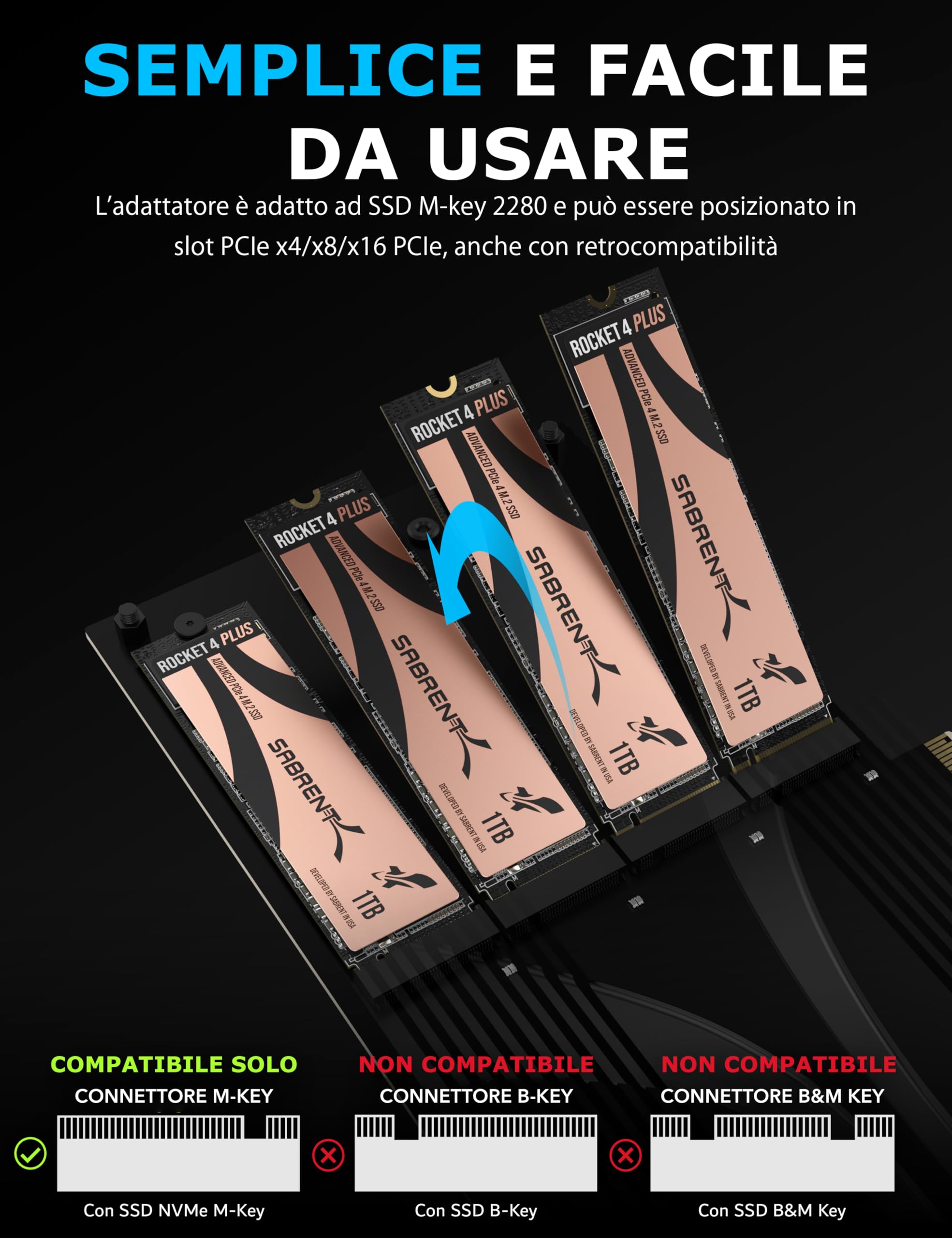 SABRENT Scheda Adattatore da SSD NVMe M.2 a PCIe 3.0 x4 a 4 Unità (EC-P3X4)