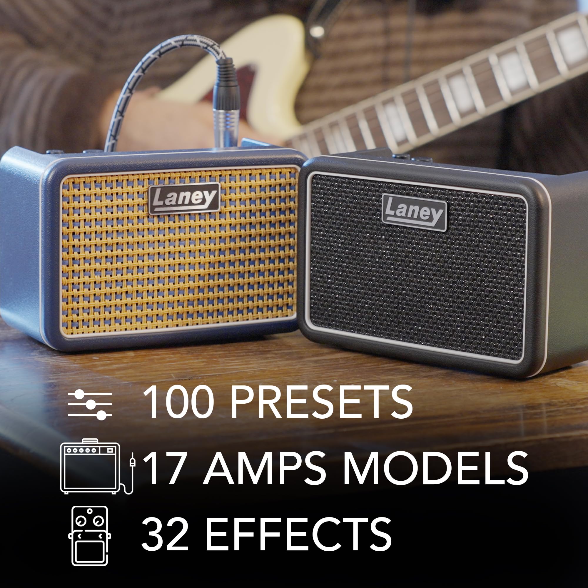 Laney Prism MINI Tragbarer Smart-Gitarrenverstärker, App-gesteuerter Übungsverstärker mit 100 Presets, 17 Amp-Modellen, 32 Effekten, integriertem Tuner, Drum Machine, 14 Stunden Akkulaufzeit – Blau