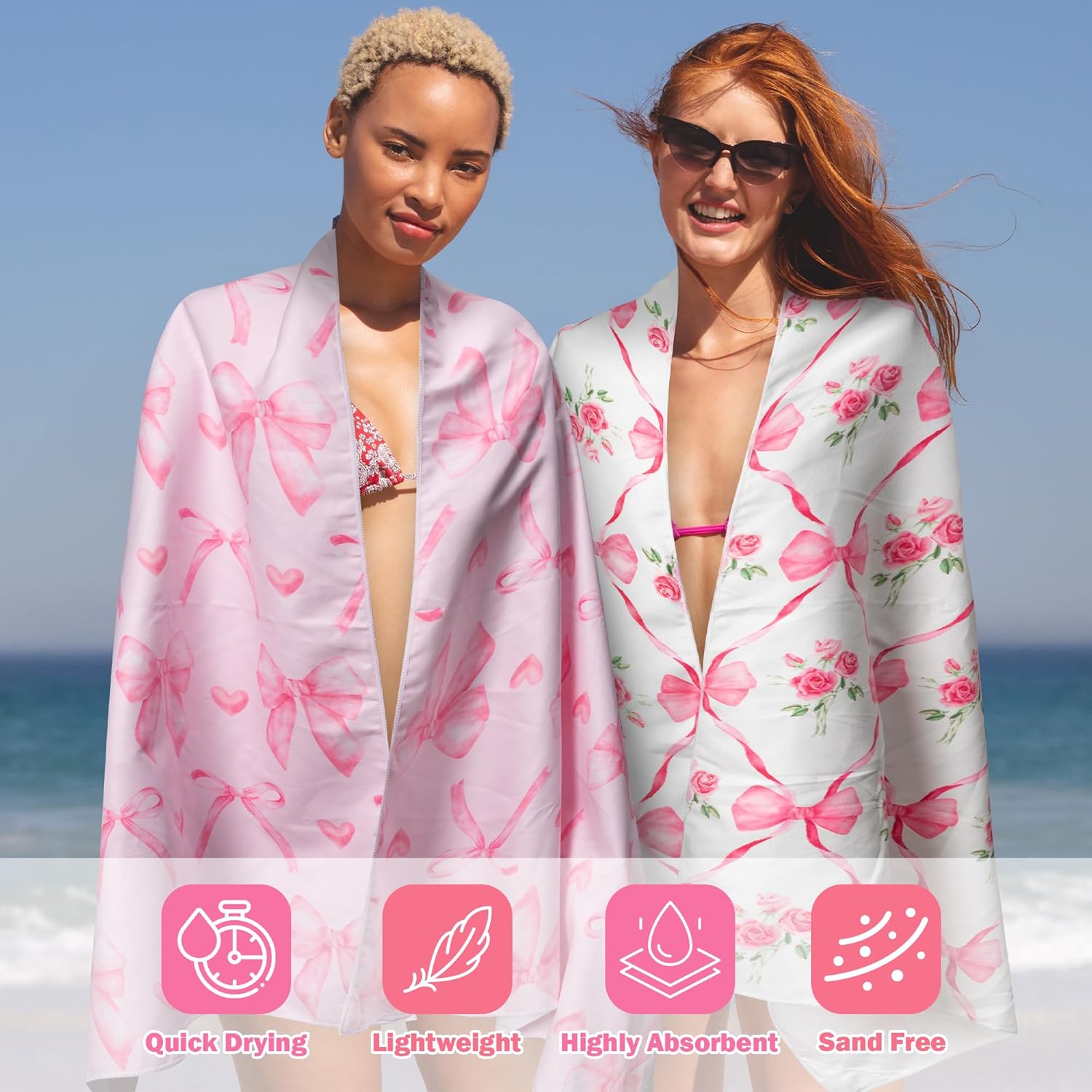 2 Pack Magnetic Beach Towel- 75"x30" Coquette Pink Bow Sand Free Quick Dry Microfiber Towel with Built-in Magnets Lightweight for Beach Chair Car Door Pool Travel Yoga with Storage Bag