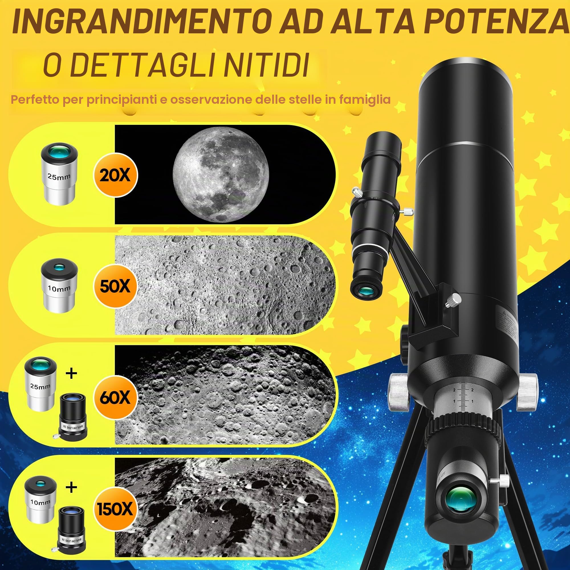 Telescopio Astronomico Professionale per Adulti e Bambini, 80/500mm Rifrattore Portatile Telescopio per Principianti con Treppiede, Adattatore Smartphone – Ideale per Osservare Luna Natura