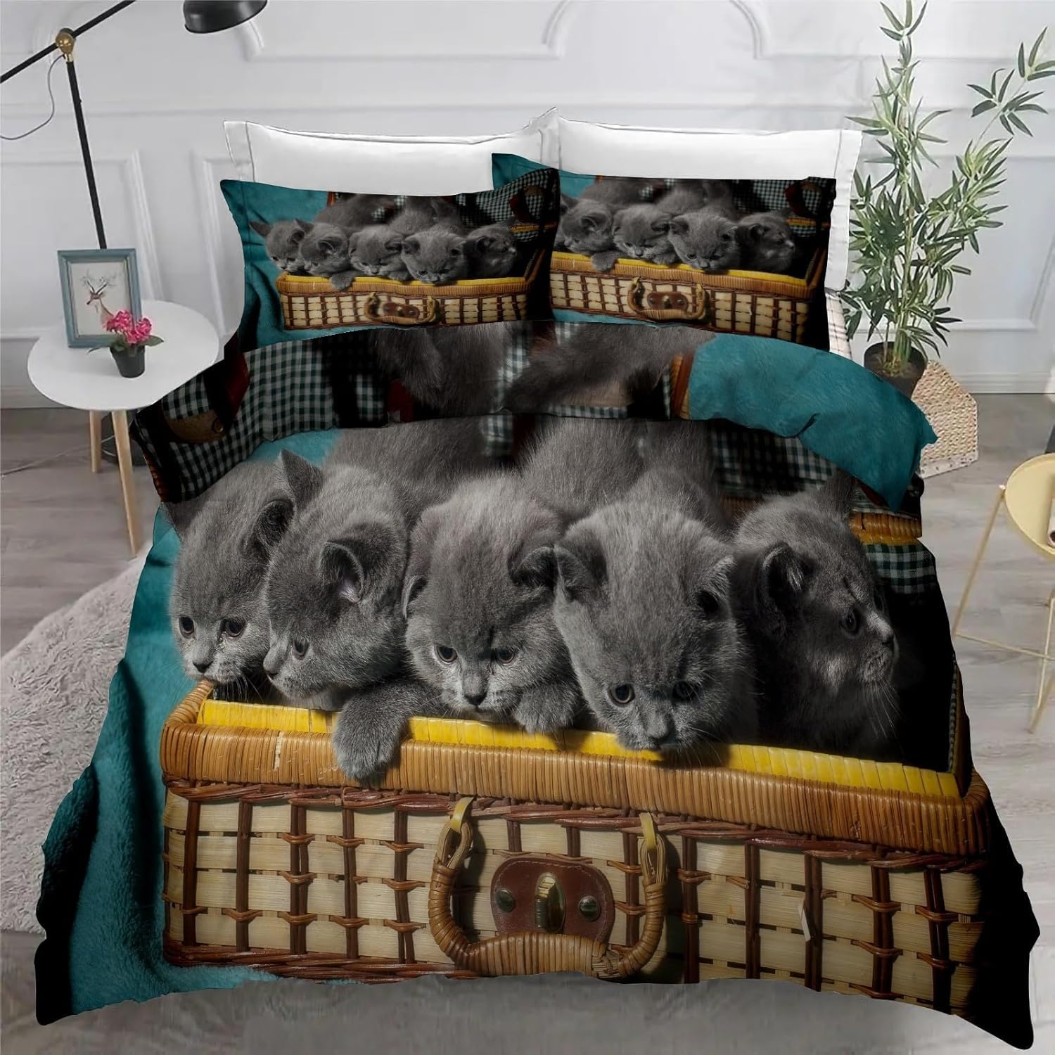 Housse de couette 240x220 chat gris parure de lit 2 personnes animaux mignons 3D microfibre
