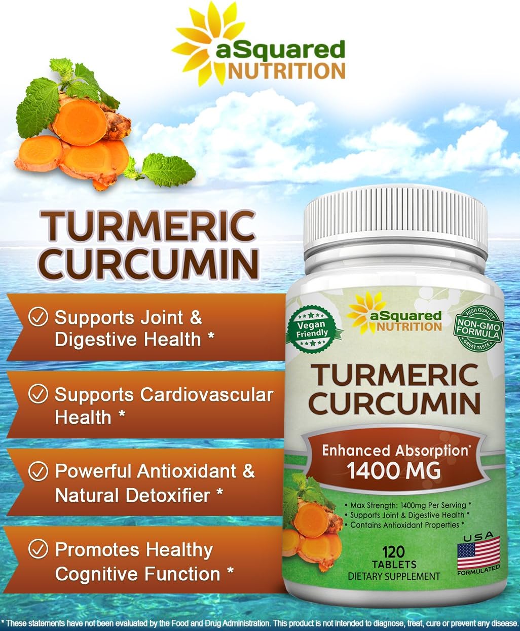 Turmeric Curcumin 1400mg Supplement - 120 Tablets - 100% Natural Tumeric Root Powder & Black Pepper Extract Formula, Pure Joint Support Veggie Pills, Antioxidant Supplement