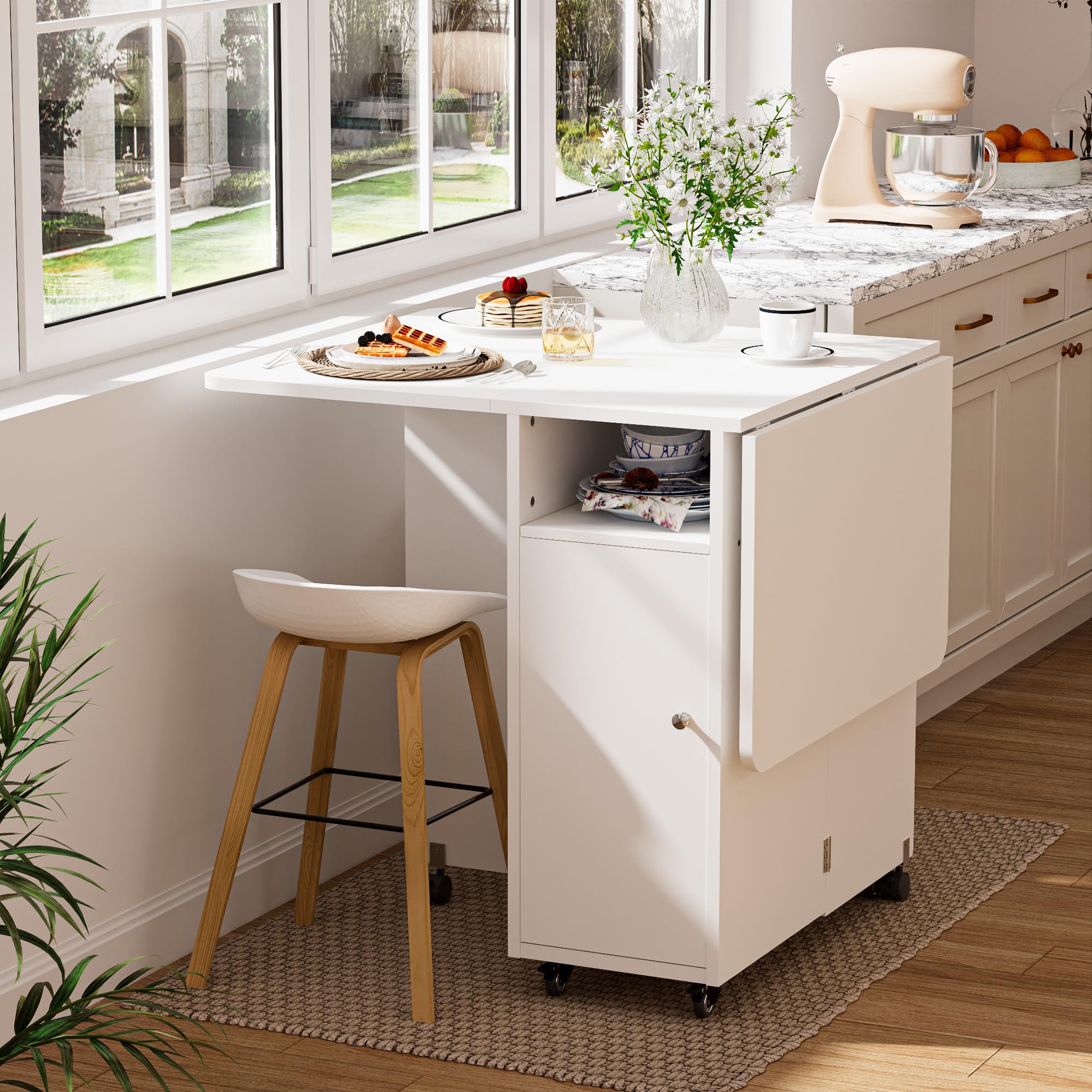 Mesa de comedor plegable con ruedas, mesa de cocina para 4 a 6 personas con gran mueble de almacenamiento, ideal pequeño espacio de cocina, comedor, 120 x 70 cm, color blanco