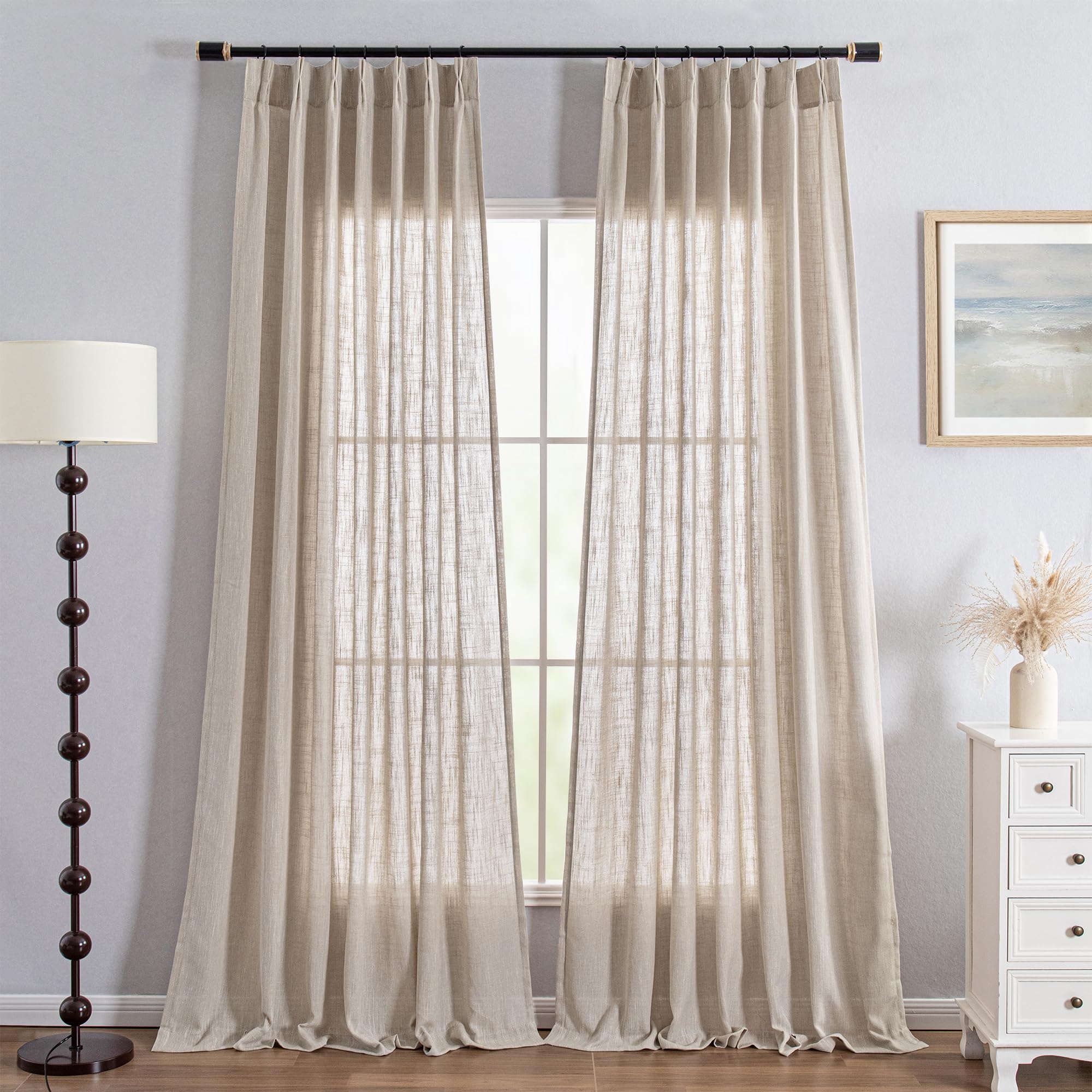 MYSKY HOME Curtains for Living Room Windows, Semi Sheer Curtains 96 Inch Length for Bedroom Pinch Pleated Boho Linen Look Textured Fabric Soft Touch