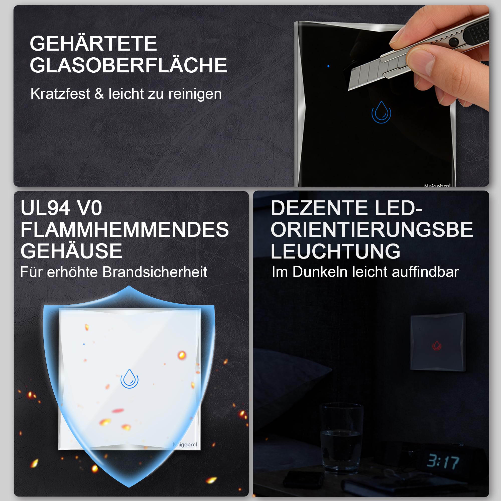 Interruttore intelligente WiFi 123 40 A per scaldabagno, interruttore touch da parete con conduttore neutro, vetro temperato bianco con cornice argentata, app TUYA, compatibile Alexa e Google, 230 V