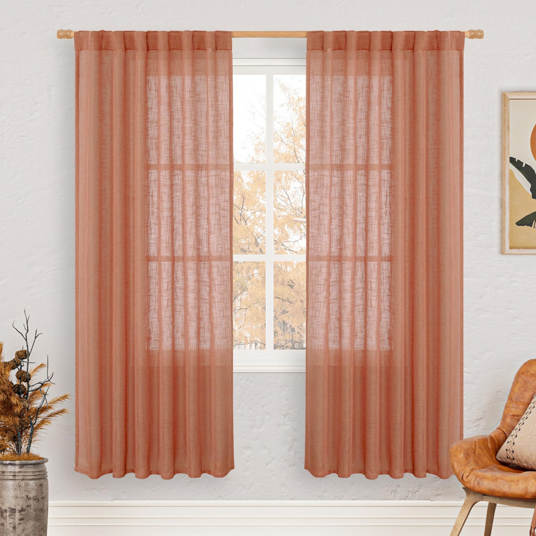 LAMIT Terracotta Linen Boho Curtains 78 inch Length 2 Panels, Light Filtering Semi Sheer Panels Back Tab and Rod Pocket Neutral Panels for Bedroom/Living Room, 52 x 78 Inch — image 1