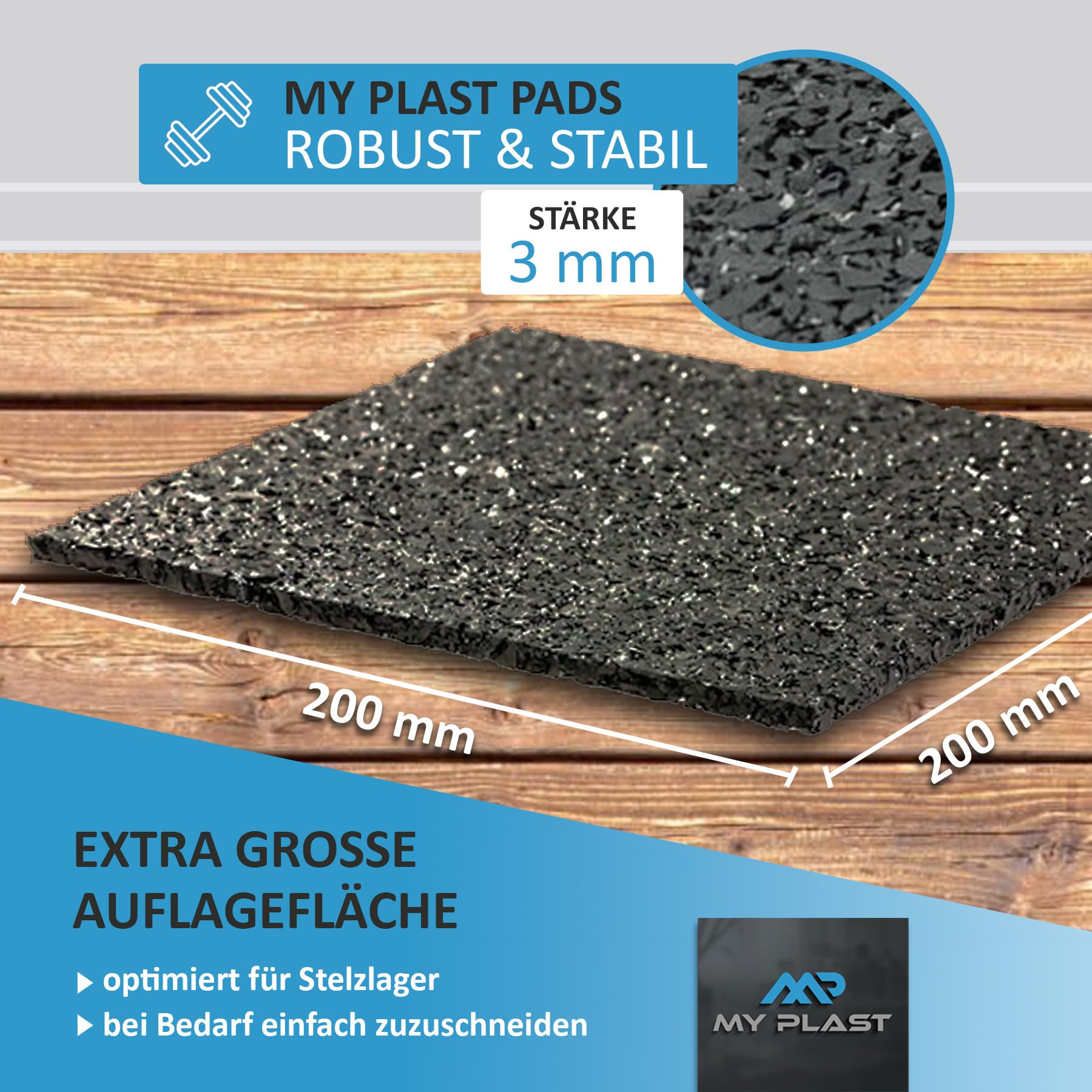 Terrassenpads 200 x 200 mm x 3mm | Unterleger aus Gummigranulat | Für Stelzlager u. Plattenlager | Menge auswählen (50 Stück - 200mm x 200mm x 3mm)
