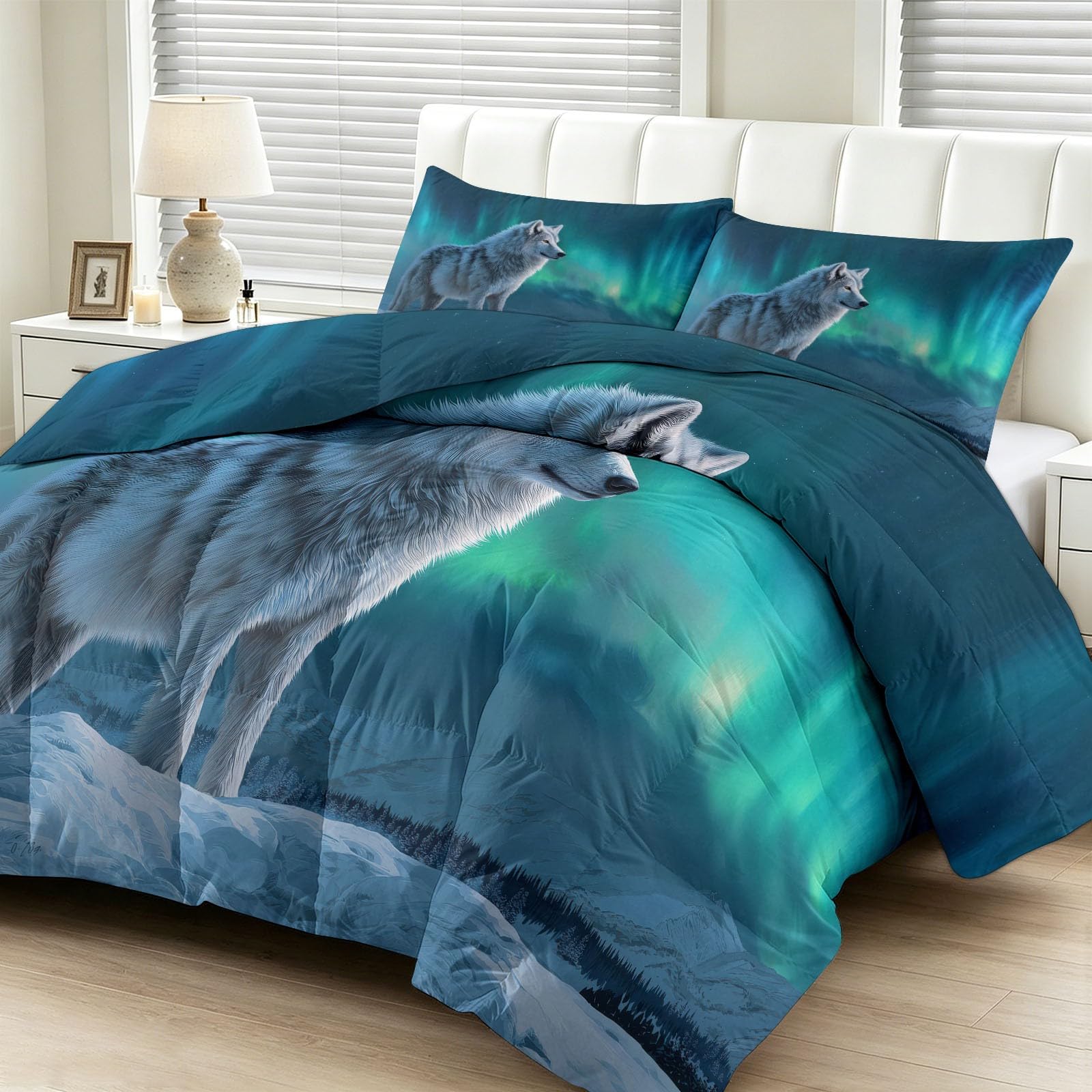 Couette sans housse 160x200 enfant loup faune aurores boréales réversible