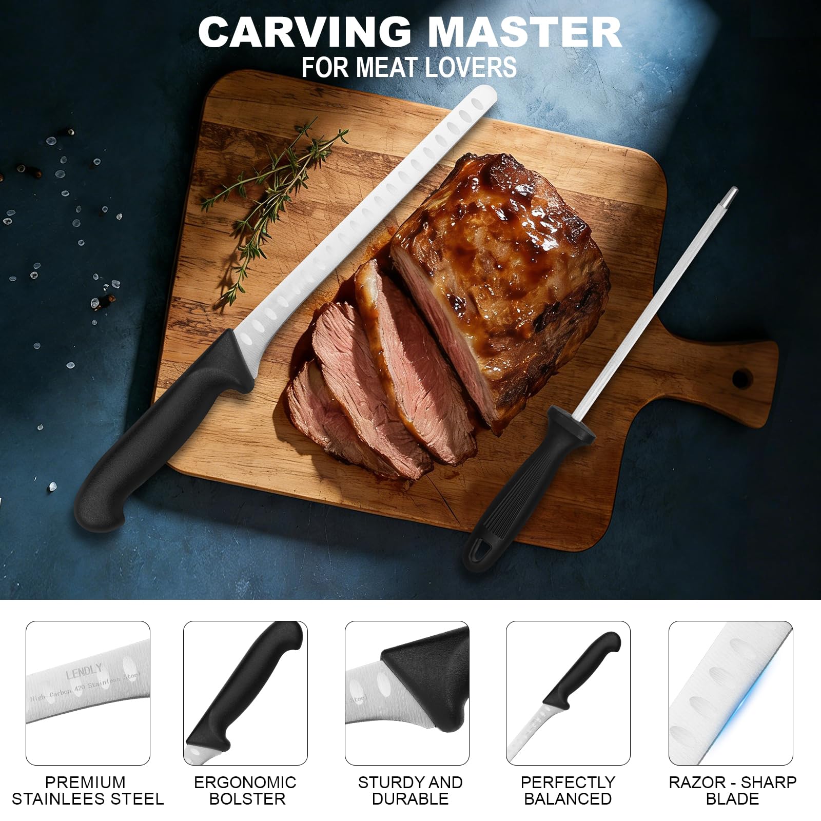 Carving Knife for Meat & 10-inch Knife Sharpener Set - Brisket Slicing Knife with Razor Sharp High Carbon Stainless Steel Blade, Ergonomic Handle - Premium Turkey Butcher Knife — Amazon image 2