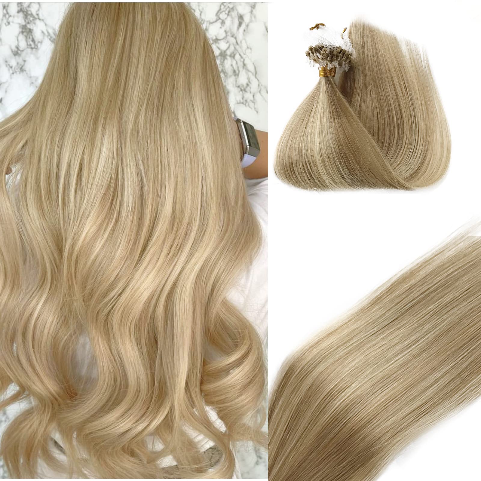 Blonde Micro Beads Human Hair Extensions for Women,18 inch Dark Ash Blonde with Highlight Light Blonde Micro Loop Ring Hair Extensions 9A Brazilian