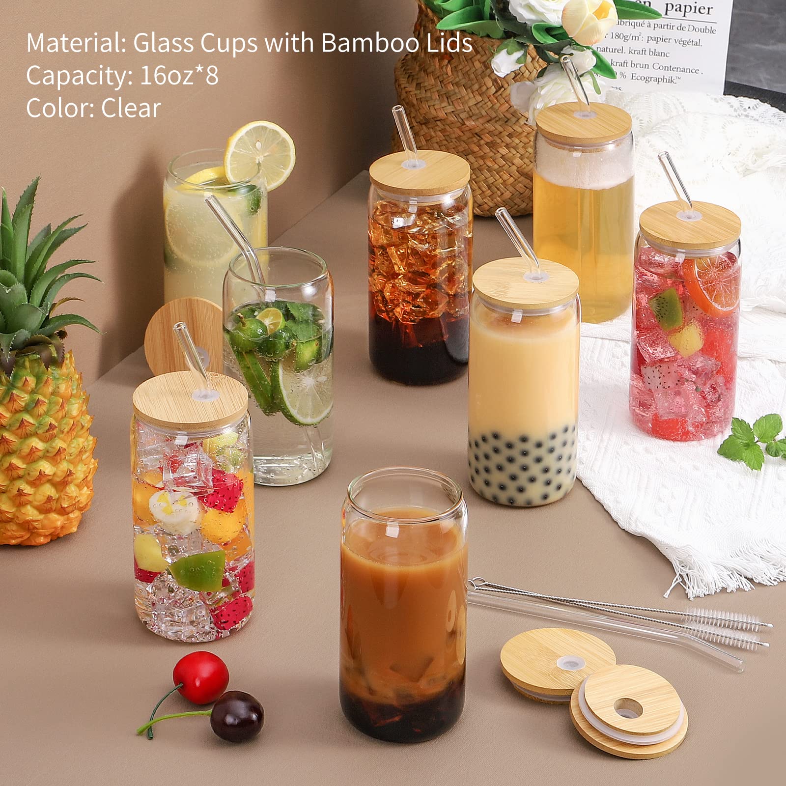 Juego de 8 vasos de cerveza con tapas y pajita, vasos de cerveza de 16 onzas, vasos de bebida en forma de lata, vasos de café helado, ideal para whisky, soda, té, gran regalo + 2 cepillos de limpieza