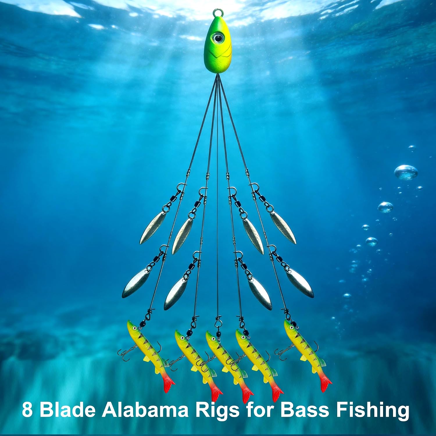 2 Pack Alabama Rig Kit – 5 Arms 8 Blades Umbrella Rig, 2 Rigs+10 Jig Heads | Swimbaits for Striper & Bass Fishing