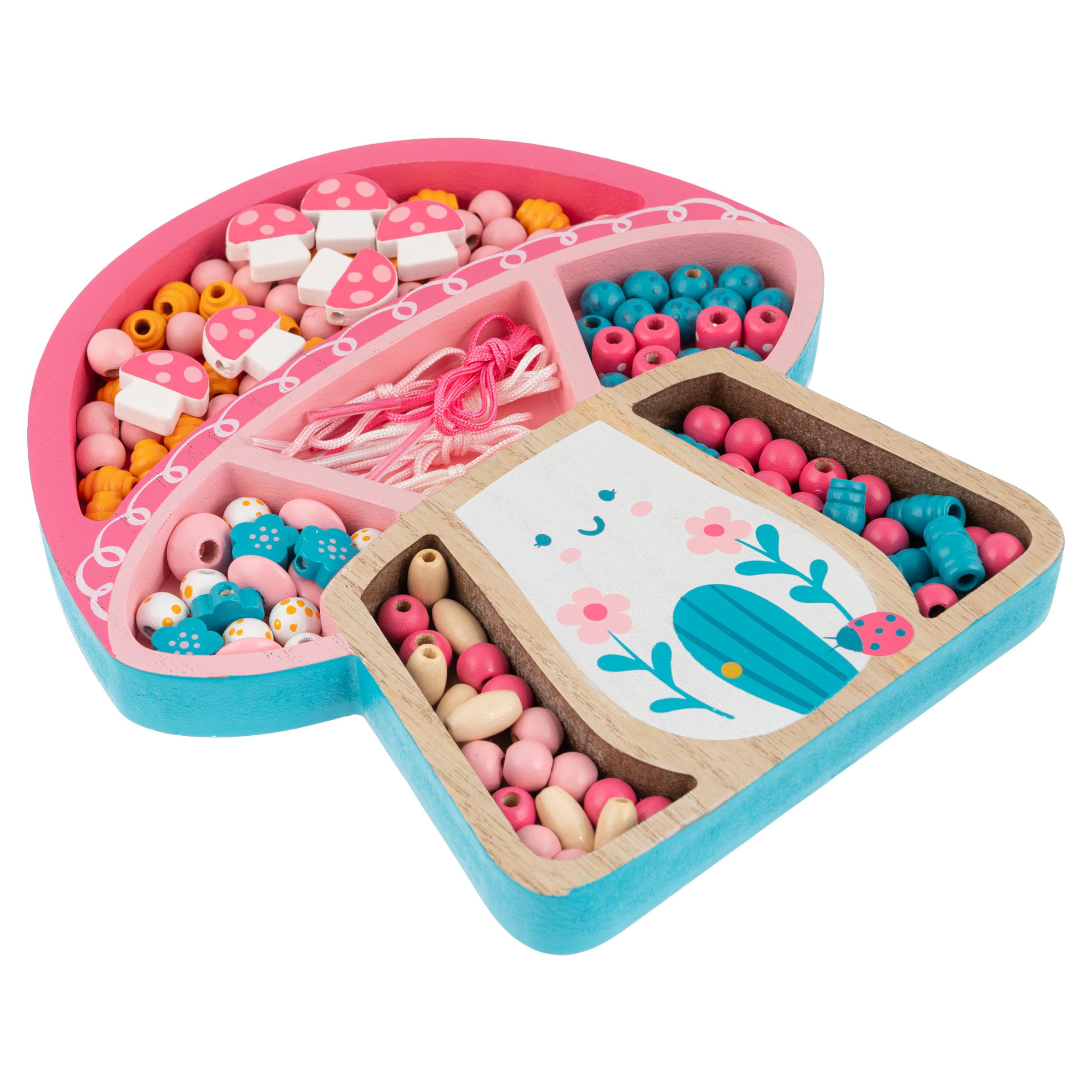 Stephen Joseph, Kit de cuentas de madera para niños, 125 cuentas de madera con 4 collares y 4 cordones de pulsera con bandeja de madera reutilizable, kit de fabricación de joyas de madera premium para