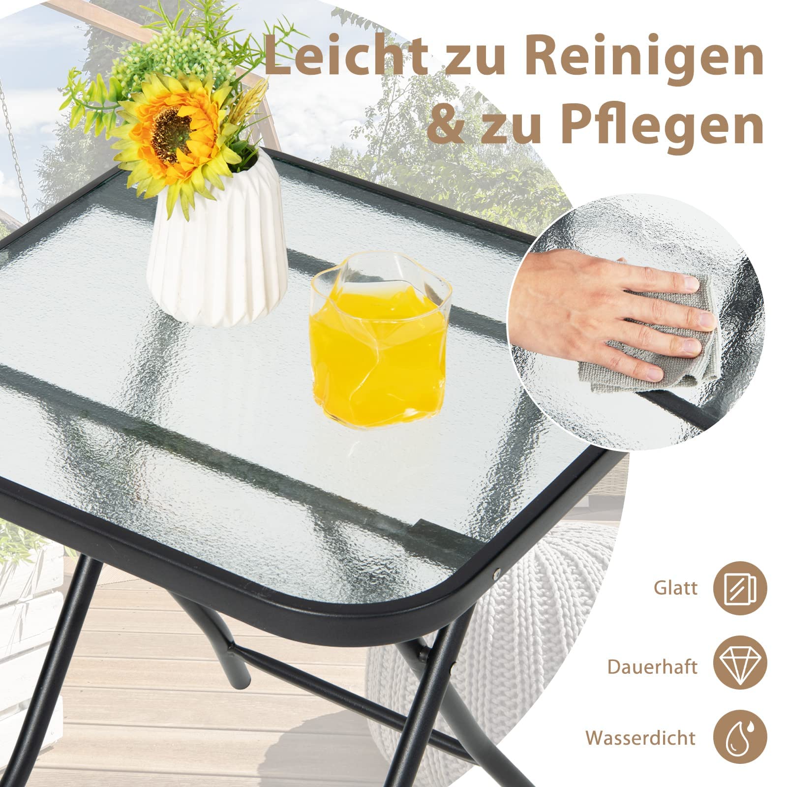 FANTASK Tavolino pieghevole quadrato resistente alle intemperie, tavolo da giardino con piano in vetro temperato, per balcone, giardino, terrazza, 46,5 x 46,5 x 42 cm