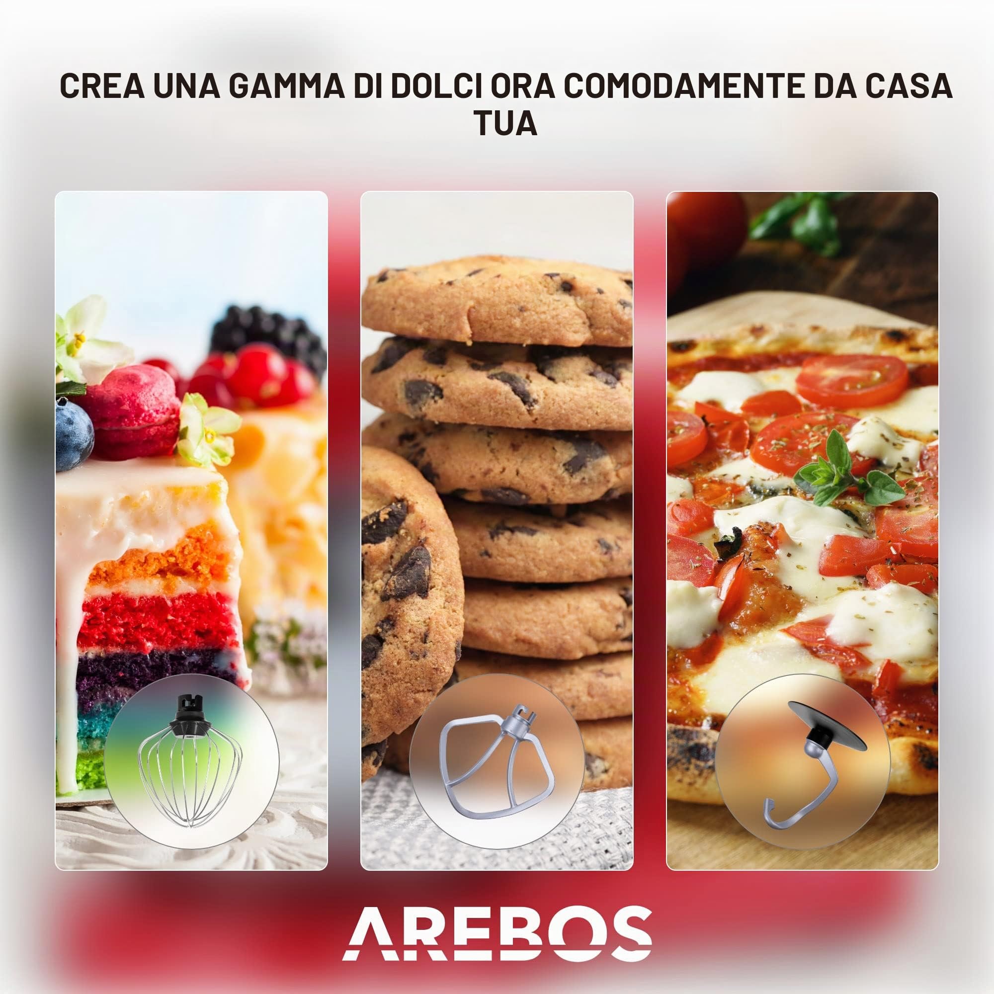 Arebos Impastatrice Robot da Cucina 1500W | Rosso | Mixer Cucina 6L | Basso Rumore | Multifunzione Impastatore Planetario Professionale con Ganci, Frullare | 6 Velocità con Impulso Regolabile