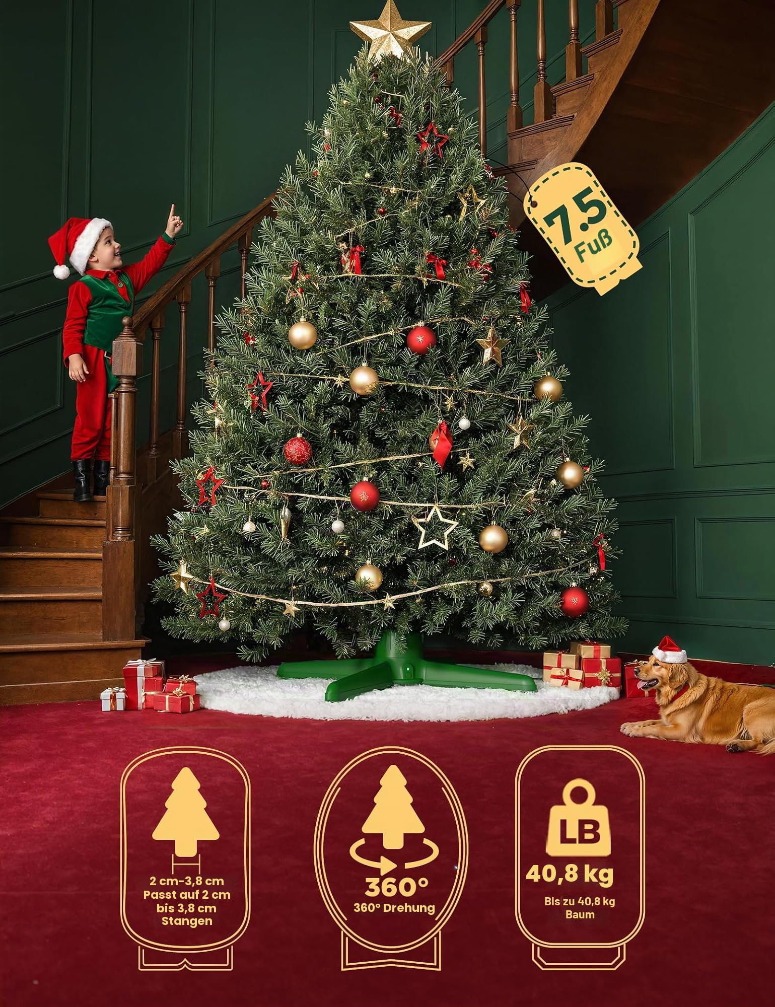 Drehbarer Weihnachtsbaumständer, UL-zertifizierte, verstellbare Baumständer mit Fernbedienung für bis zu 2,3 m 40,8 kg Kunstbaum, langlebige 3 Lichtausgänge mit bis zu 625 Watt Leistung | UL-zertifiziert, unterstützt bis zu 40,8 kg, 3 Steckdosen, glatte 3