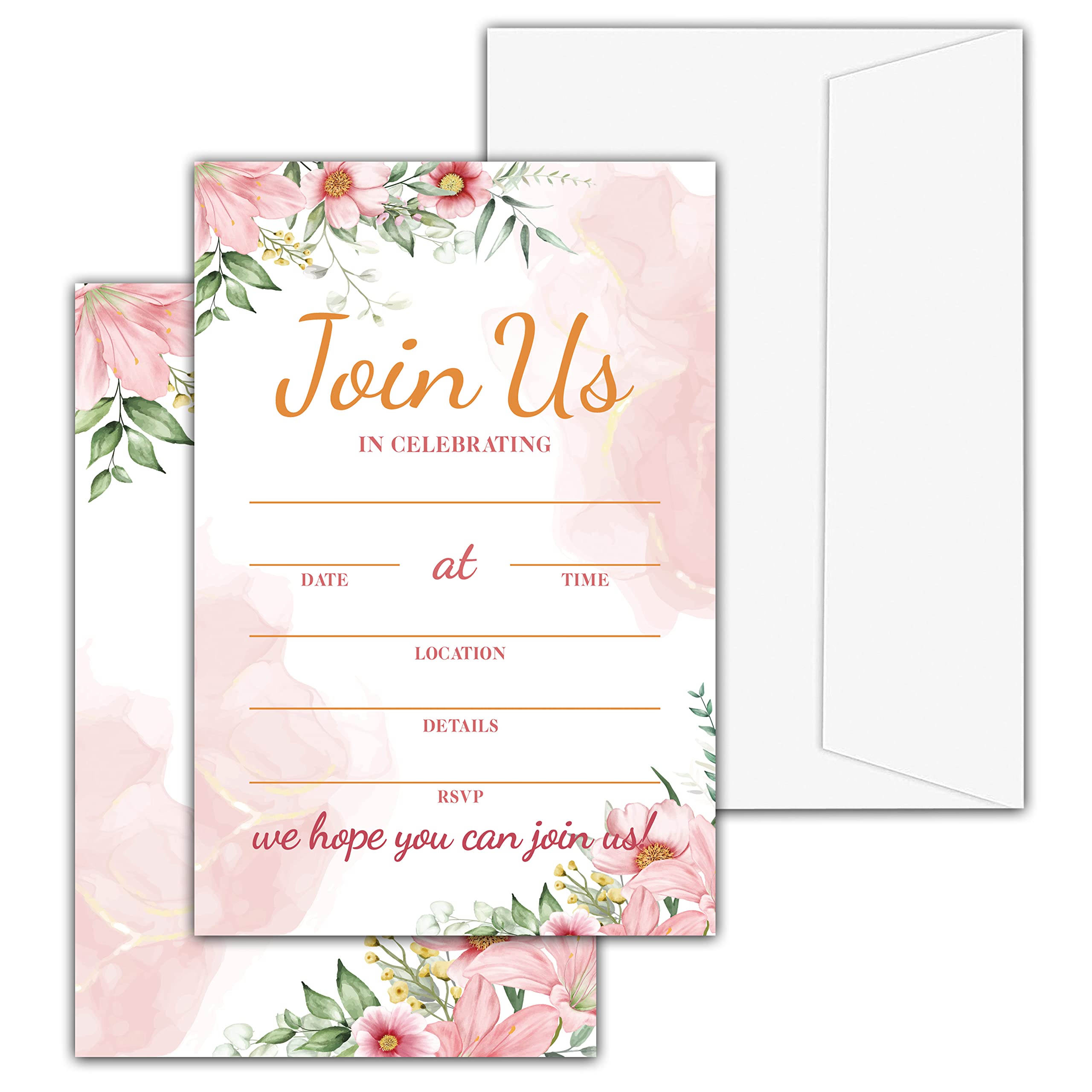 Levitatinyear Boho Floral Greenery Invitations with Envelopes for All Occasions, 25 Pcs Blush Pink Blank Fill-in Invites for Bridal Shower, Wedding