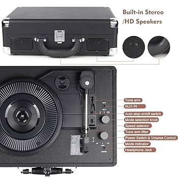 Digitnow!Vintage Turntable,Black 3 Speed Vinyl Record Player