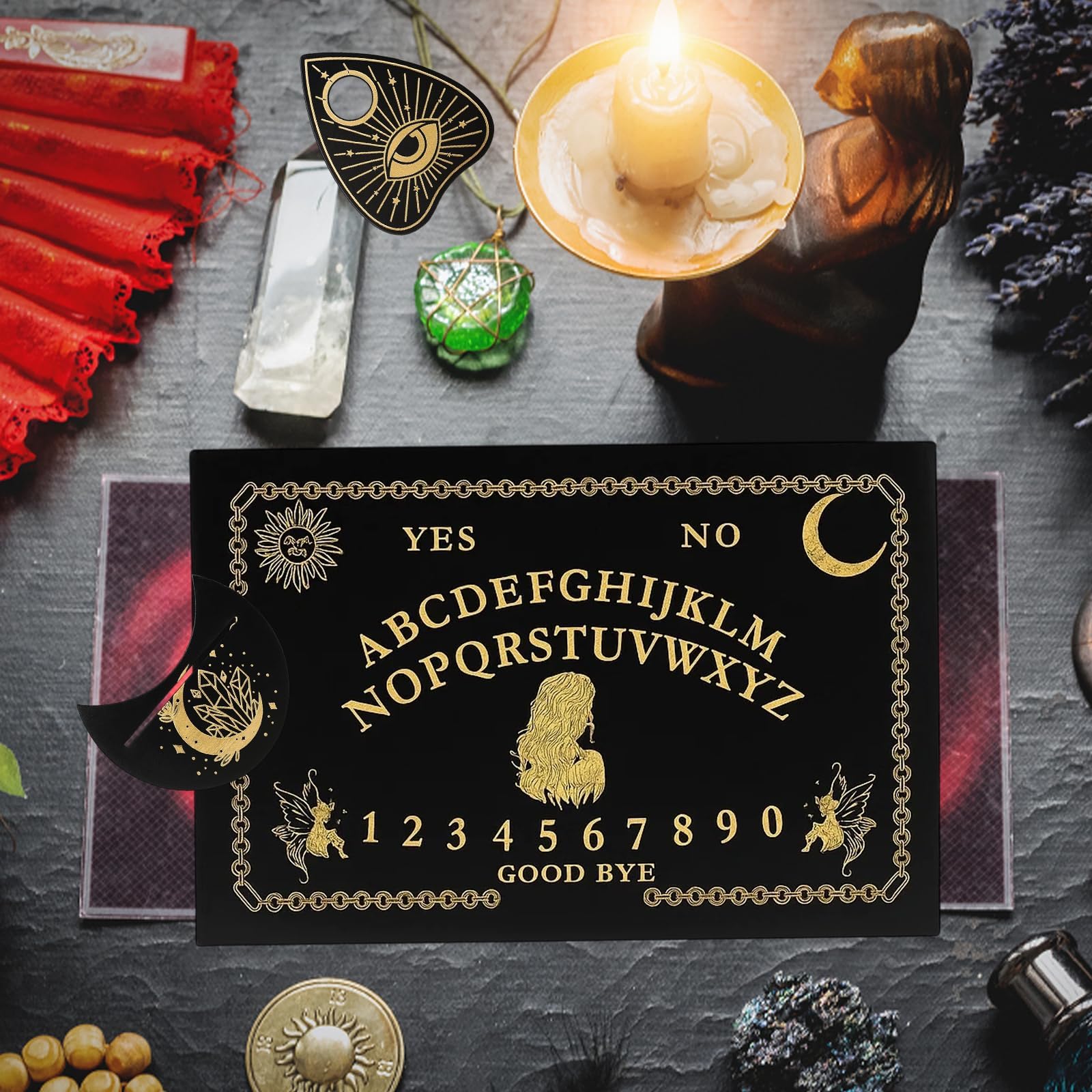 QXCFTW Ouija Board - Wooden Spirit Board Game with Planchette for Séance & Spirit Communication, Black, 30cm x 20cm - Image 4