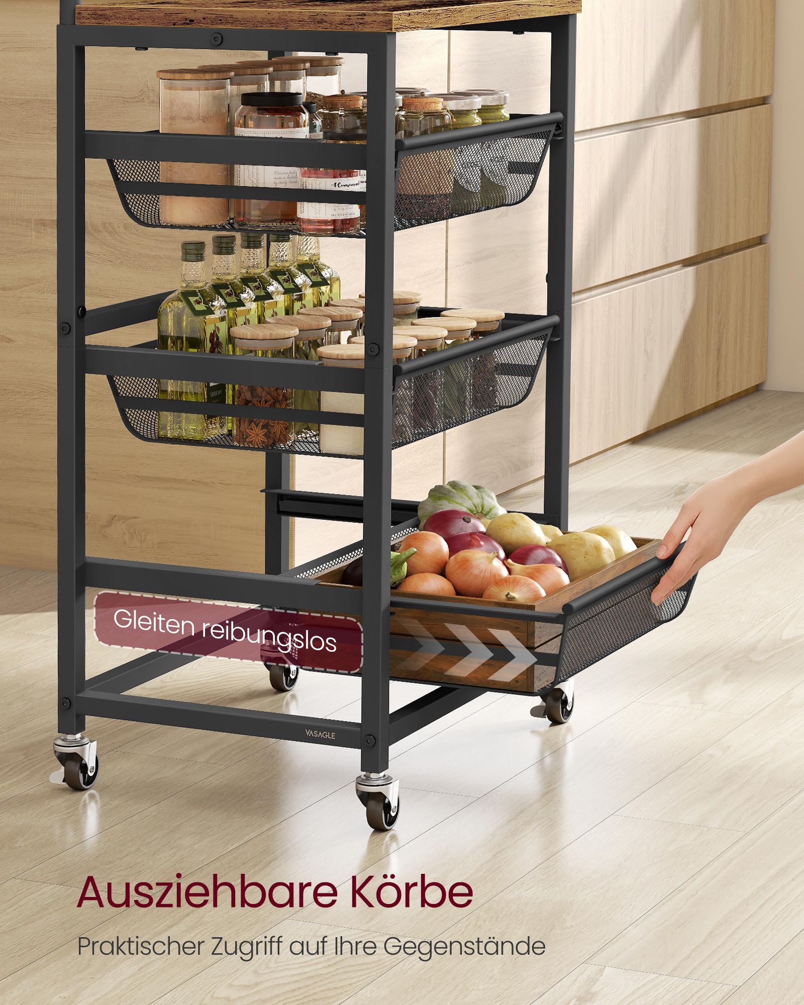 VASAGLE Sevierwagen mit 4 Ebenen, Rollwagen mit herausziehbaren Körben, Küchenregal auf Rollen, Griff, 31,7 x 40 x 76 cm, vintagebraun-tintenschwarz LRC040K01