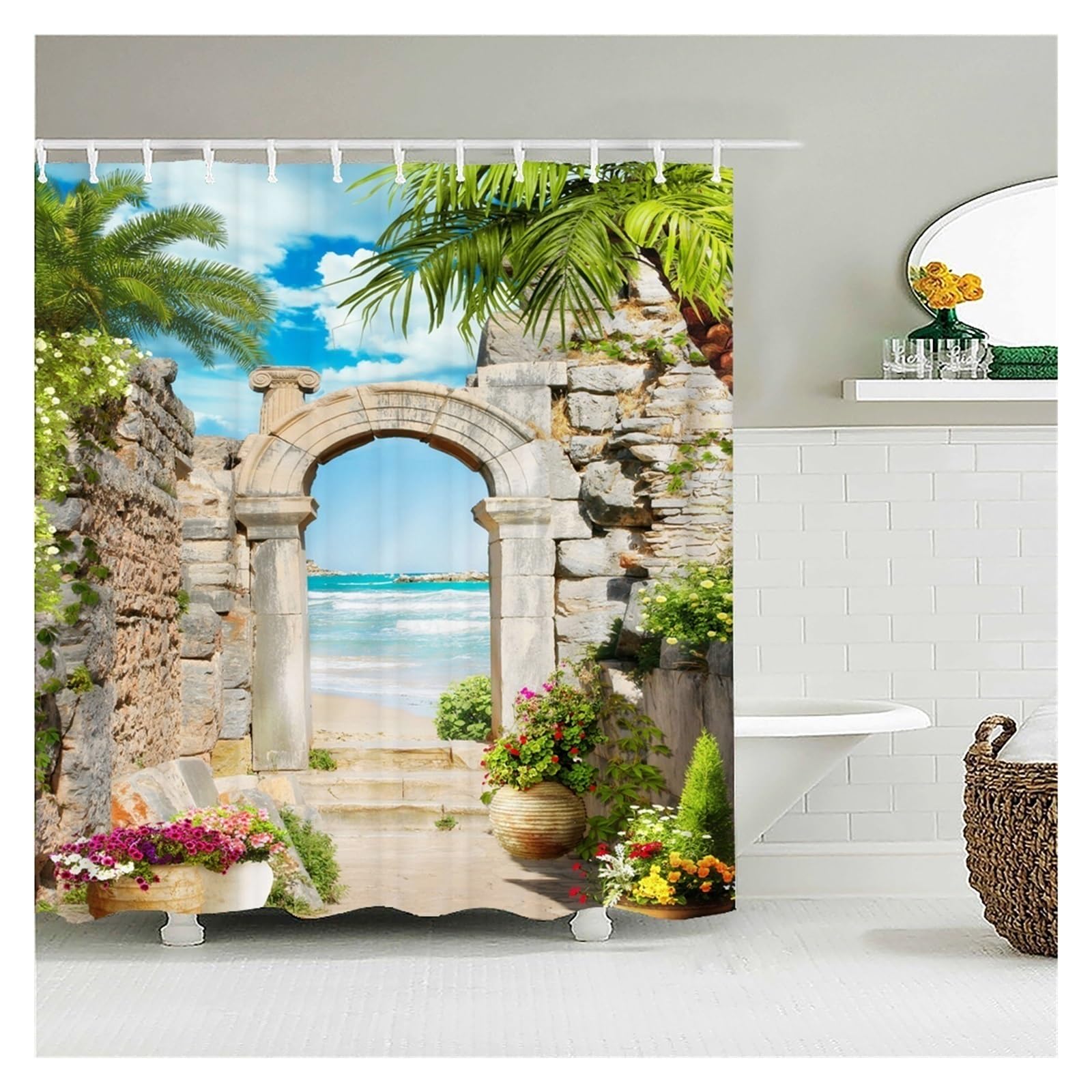 Cortina De Ducha Cortinas de Ducha Impermeables con Paisaje de Flores, Cortinas de baño de Flores de Calle Rural, Tela de poliéster, decoración Lavable, Cortinas de baño(7478ZW,W300xH180cm)