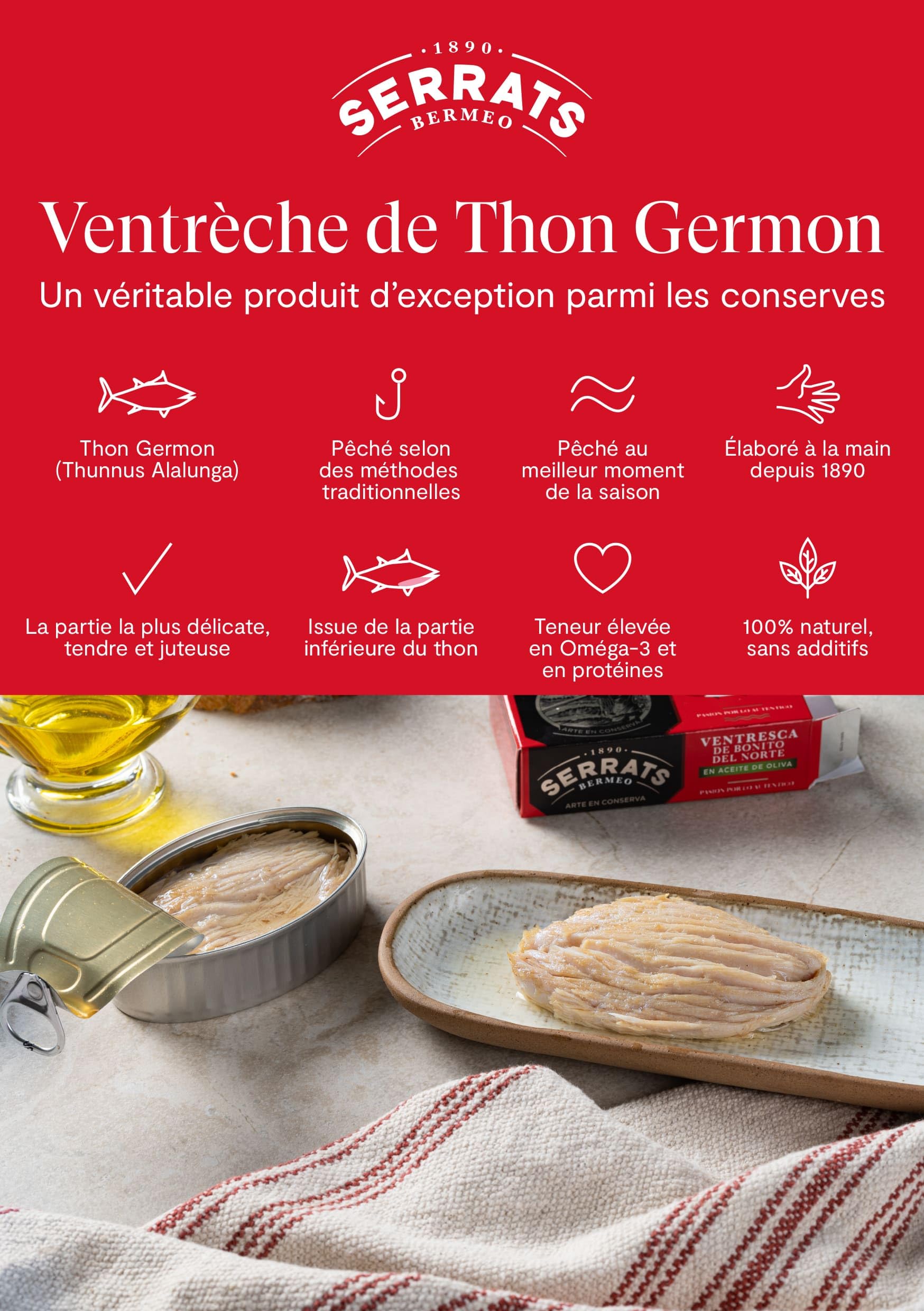 6 unités - SERRATS - Ventrèche de thon du nord de Cantabrie à l'huile d'olive 115g,