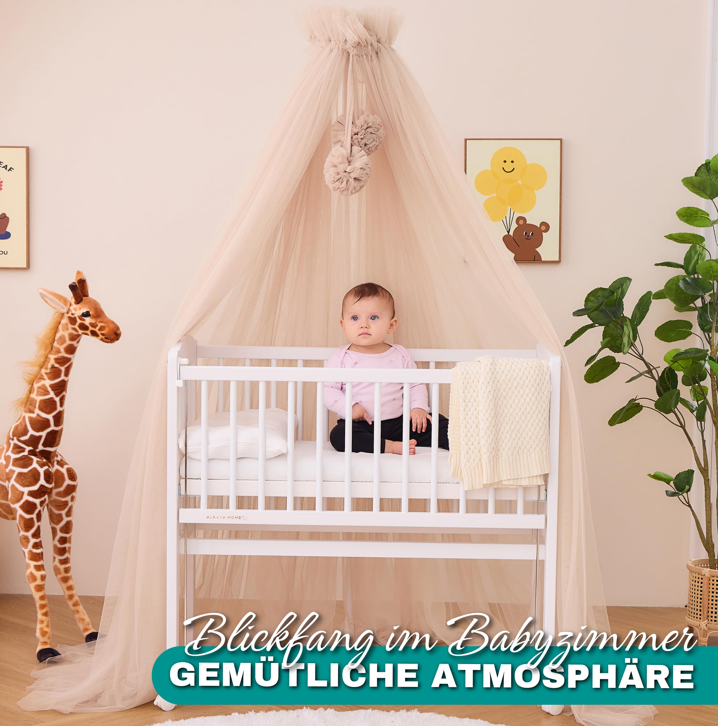 ALAVYA HOME Baldacchino in tulle, lunghezza 120 cm, per culla e culla, zanzariera con 2 pompon e baldacchino, decorazione per la cameretta dei bambini, protegge e incanta il vostro bambino durante il