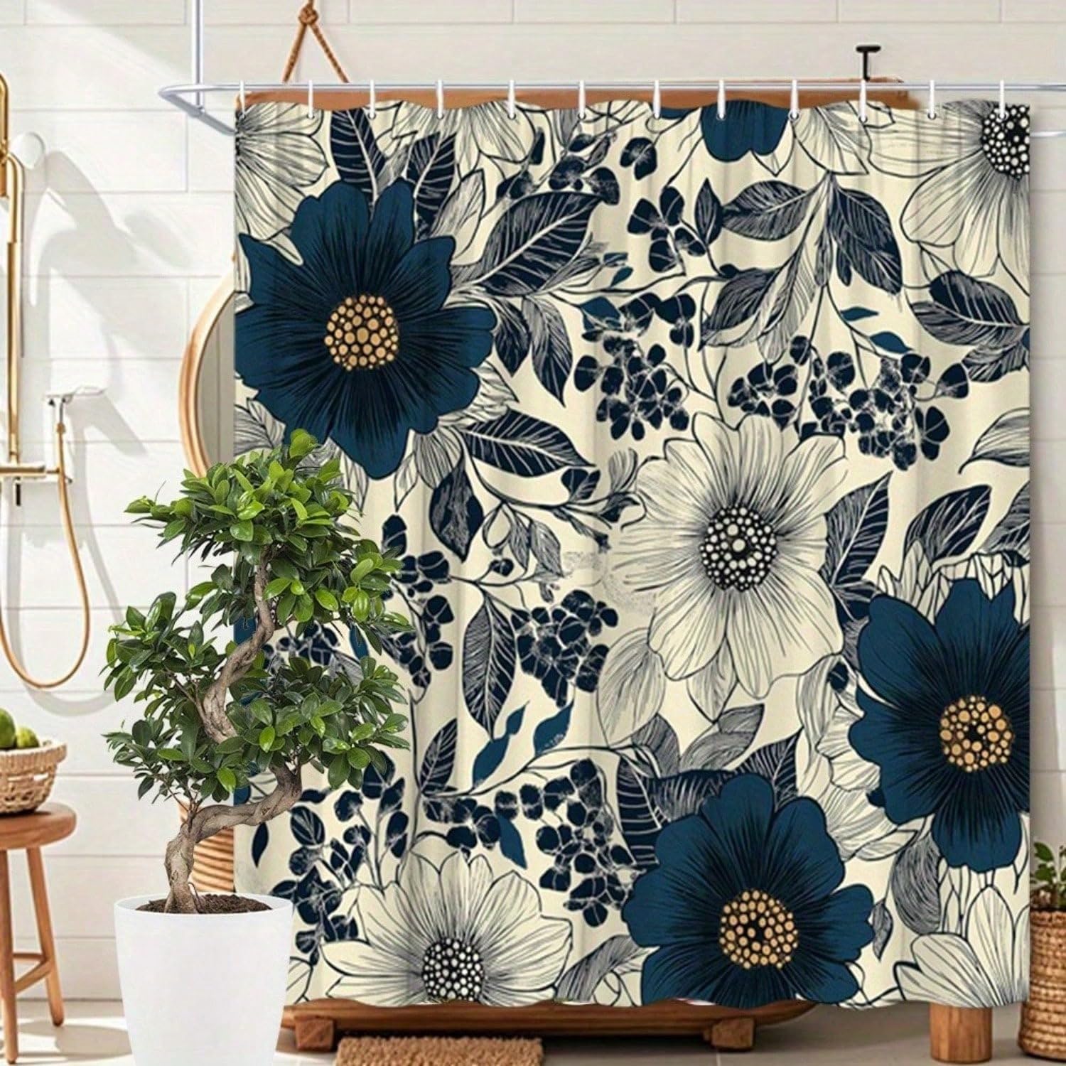 GLKSDLPO Vintage Floral Shower Curtain - Navy Blue, Beige Botanical Bathroom Decor(90x183cm/35x72in(WxH)