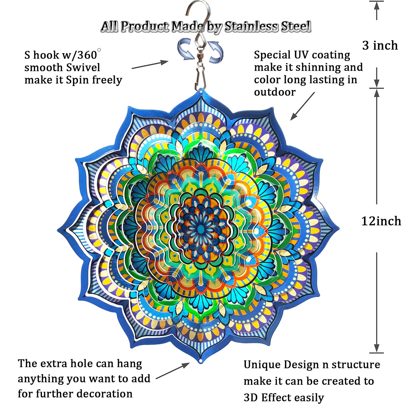 Windspiel Mandala Blossom 30,5 cm 3D Edelstahl Worth Gift Laser Cut Hanging Wind Spinner Metall kinetische Hof Kunst Dekorationen Indoor/Outdoor Dekor