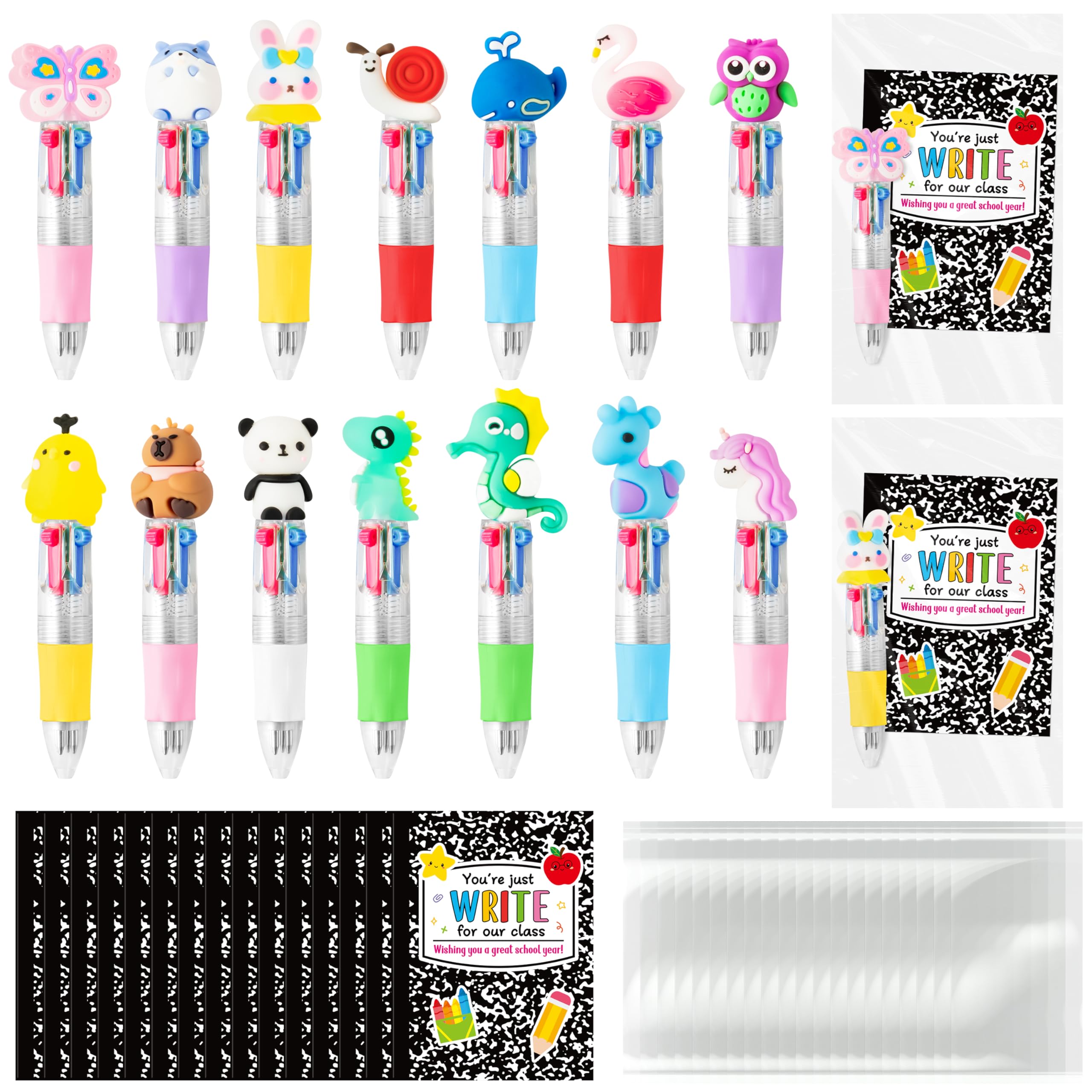 ANGOLIO Cadeaux de rentrée scolaire pour étudiants – 28 ensembles de cadeaux pour le premier jour d'école comprenant des stylos à bille multicolores 4 en 1 avec cartes de vœux pour camarade de classe