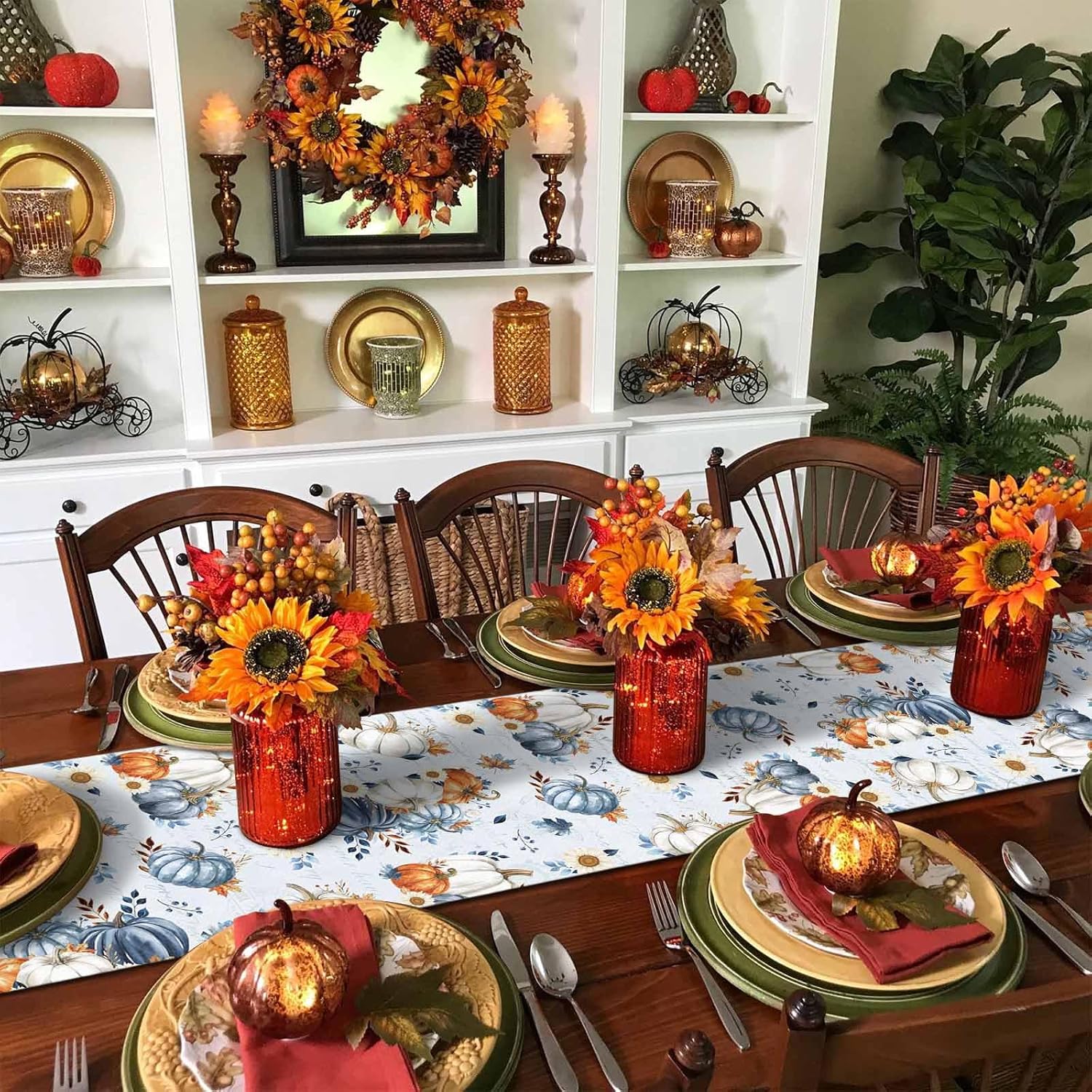 Thanksgiving Blue Pumpkins Table Runner 120 Inches Long Fall White and Orange Pumpkins Dresser Scarf Rustic Sunflowers Kitchen Dining Table Decoration for Dresser Home Party Holiday 13 x 120 Inch