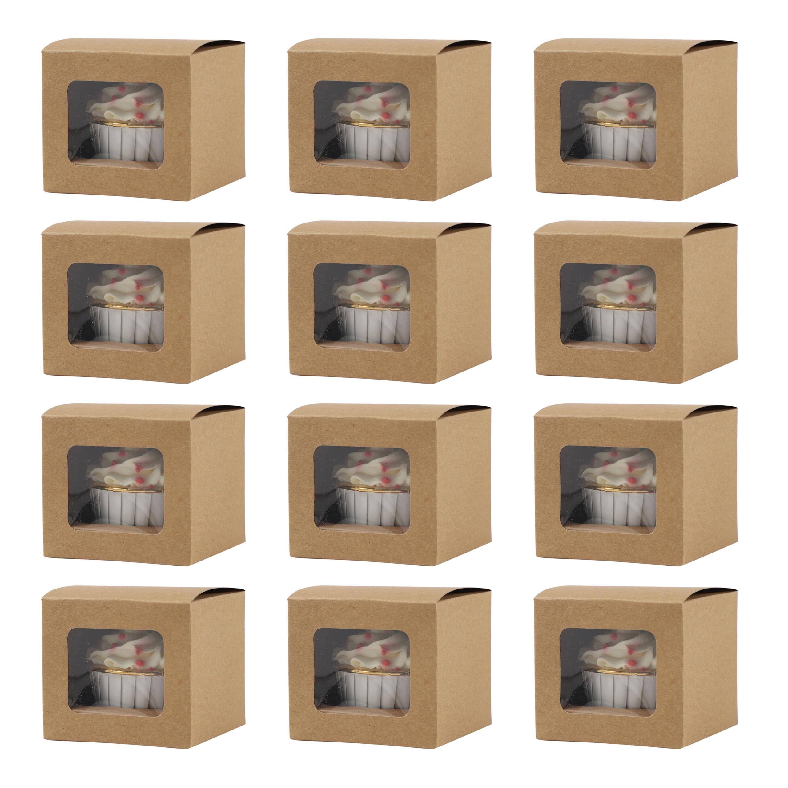 Komonee 12 x Cupcake Boxes Individual Kraft Brown Single Fairy Cup Cake With Clear Window Cardboard Packaging Box Baking Kids Muffins Cookies Brownies Christmas Bake Weddings
