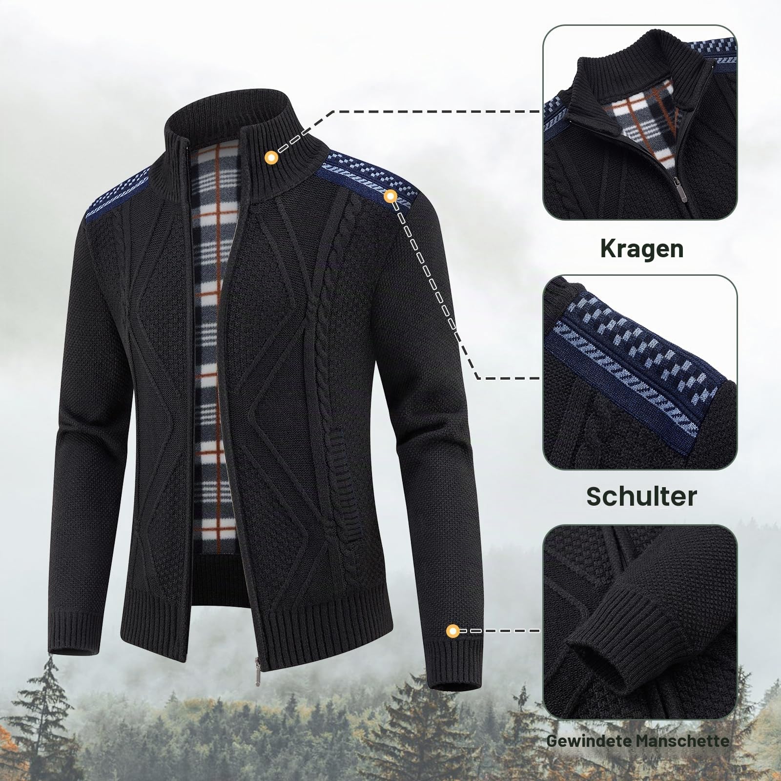 KUDORO Strickjacke Trachtenjacke Herren Cardigan mit Reißverschluss