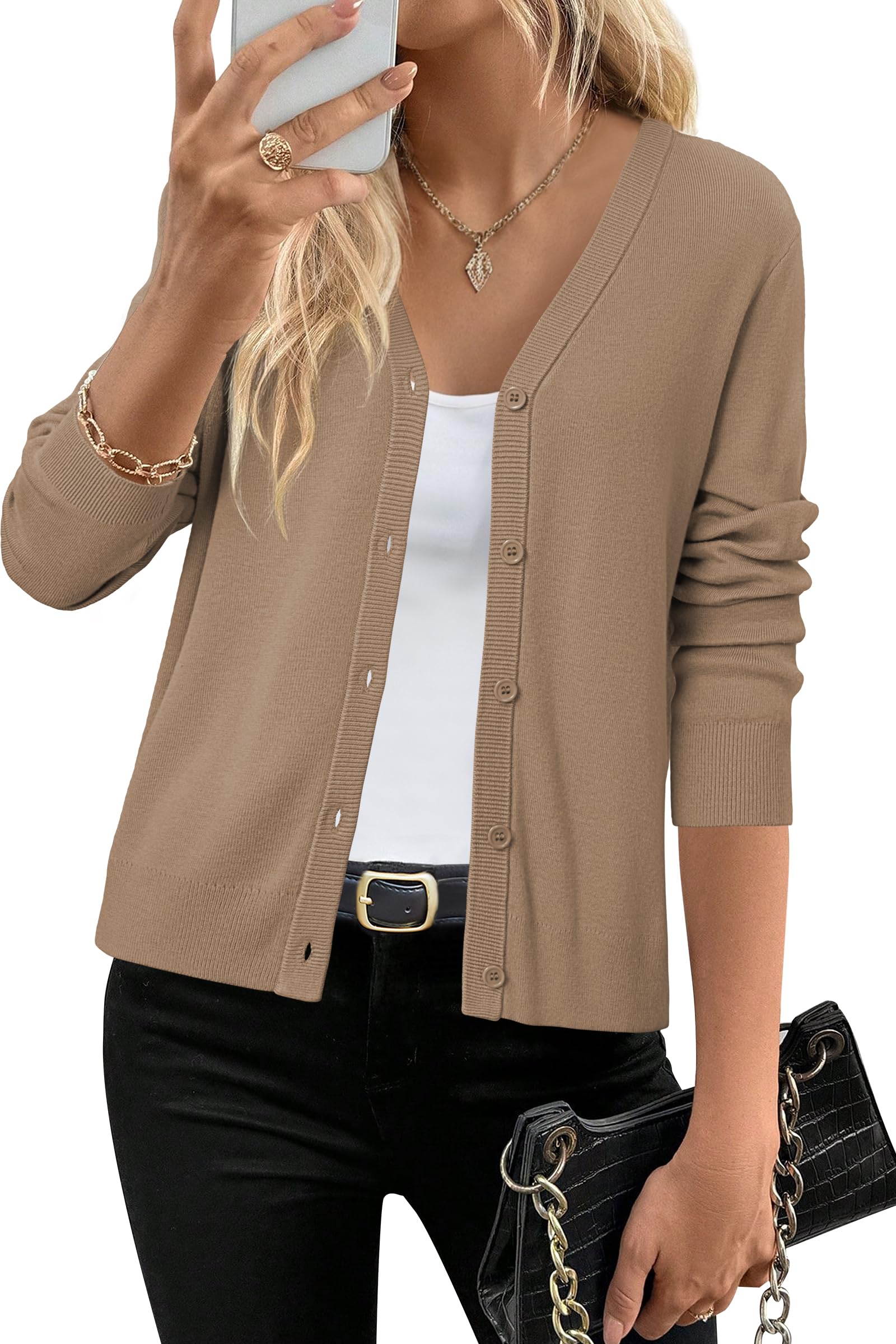 Arach&Cloz Strickjacke Damen Wolle Blend Langarm Cardigan V Ausschnitt Strickmantel Solid Strickpullover mit Knopf (Kamel,L)