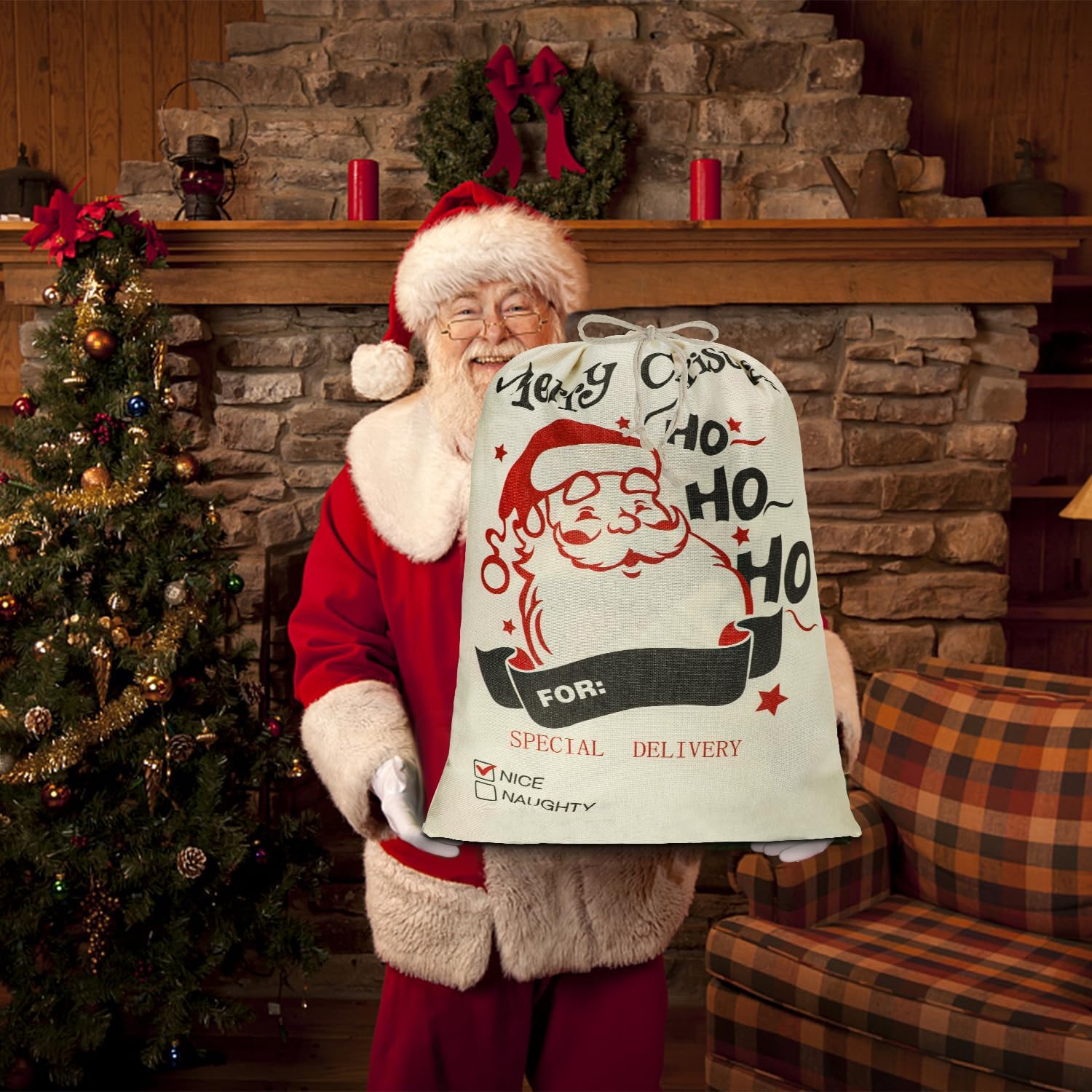 SULOLI 2Pcs Christmas Large Santa Sacks, 26" x 19" Xmas Canvas Gift Bag with Drawstring for Christmas Holiday Party Decorations - Image 7