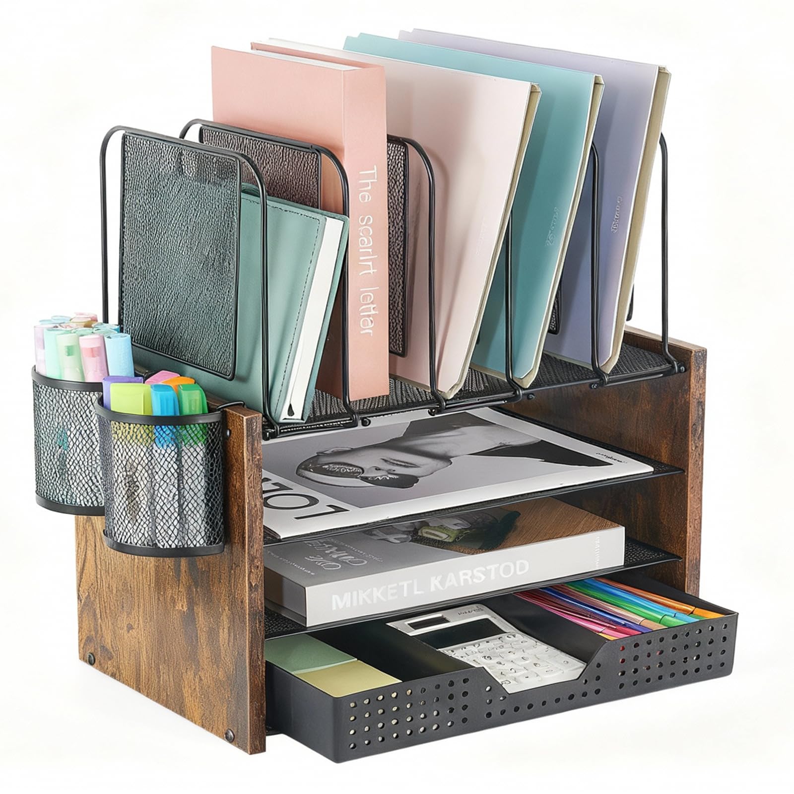 AUPSEN Schreibtisch-Organizer mit 5 vertikalen Aktenhaltern, Aufbewahrungsschublade und 2 Stifthaltern, 5 Ablagen, Papier-Briefablage, Netz-Schreibtisch-Organizer und Zubehör für Home Office