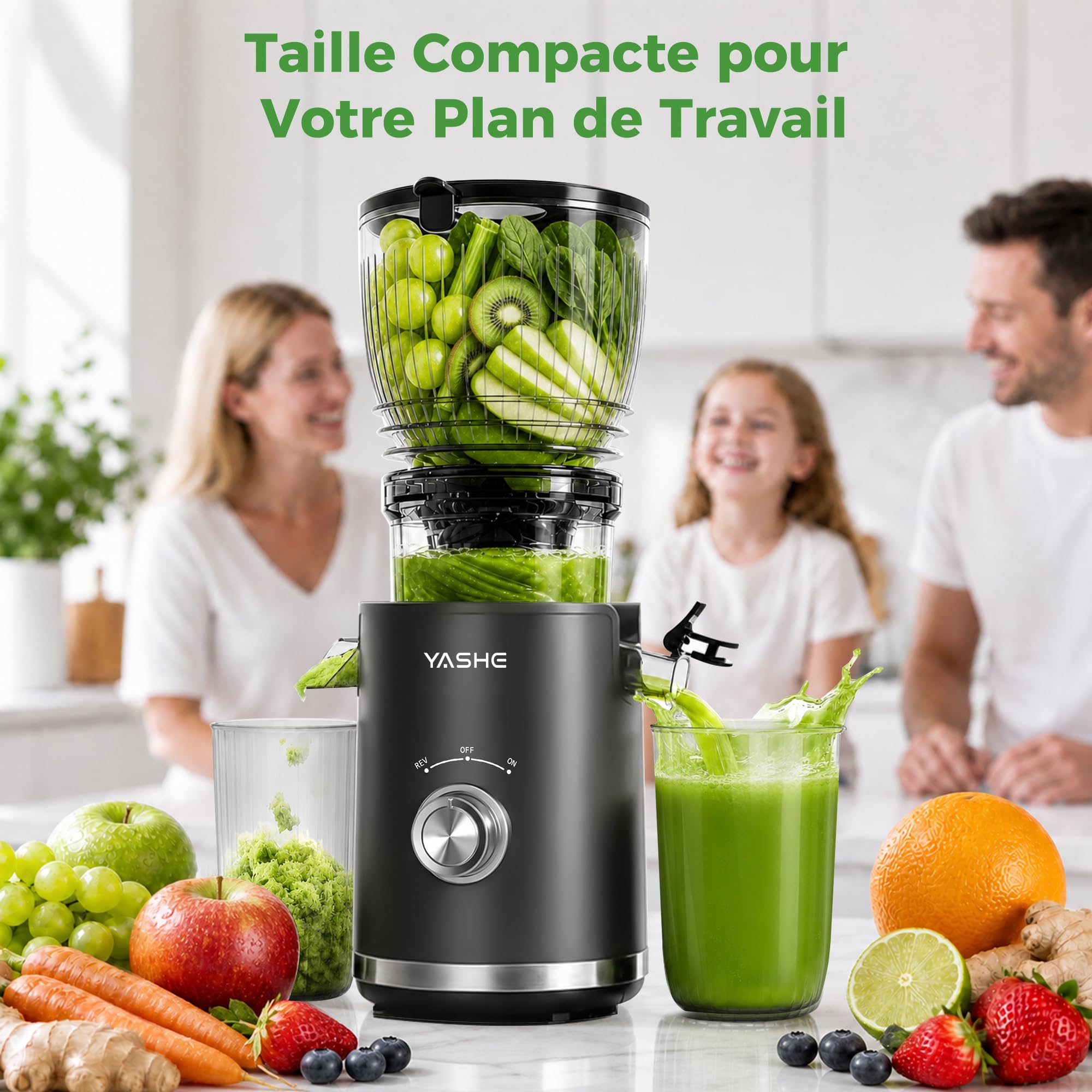 YASHE Extracteur de Jus Lent 300W, Goulotte 148 mm pour Fruits et Légumes Entiers, Slow Juicer avec Fonction Inverse, Moteur Silencieux, Sans BPA, Nettoyage Facile