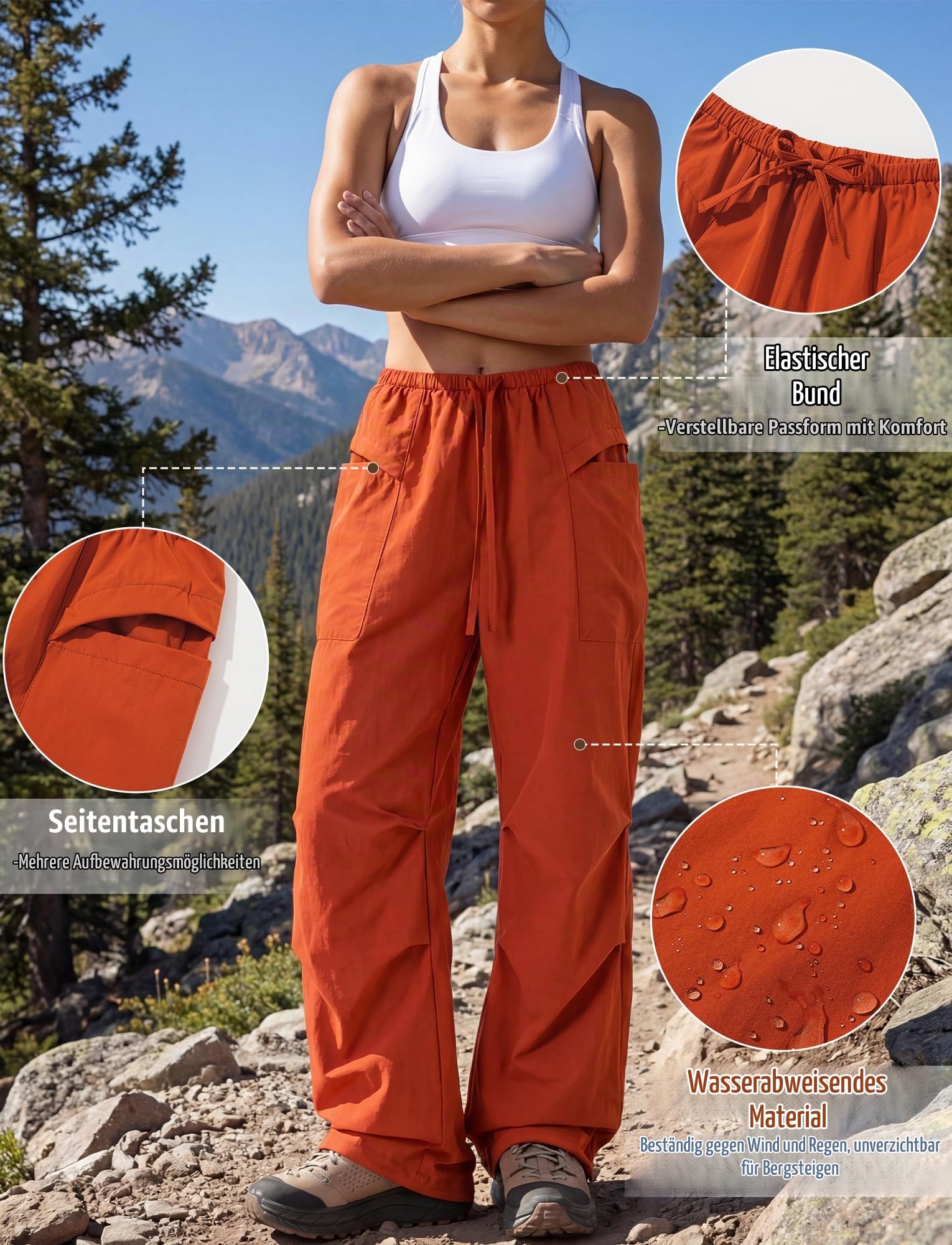 SEAUR Damen Wanderhose Wasserdicht Schnelltrocknend Winddicht Weites Bein Cargohose Fallschirmhose für Wandern Camping Trekking Reise Outdoor Aktivitäten