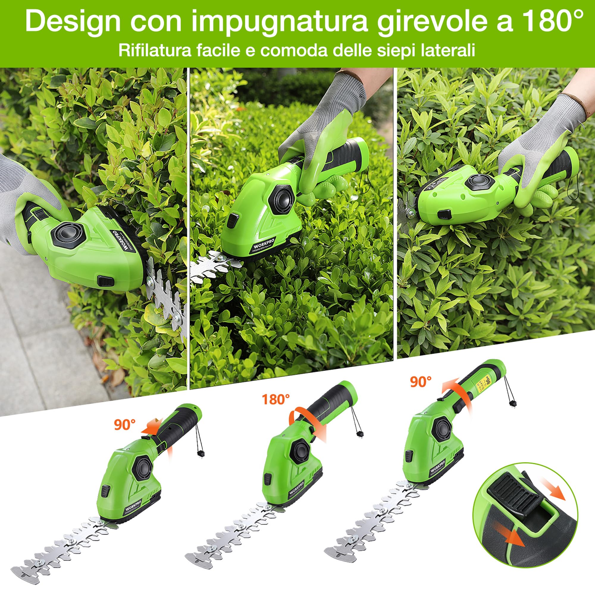 WORKPRO Forbici a Batteria 7,2V, Cesoia Elettrica a Batteria al Litio 2Ah, Larghezza di Taglio 97mm, Lunghezza di Taglio 140mm, Adatto al Giardino