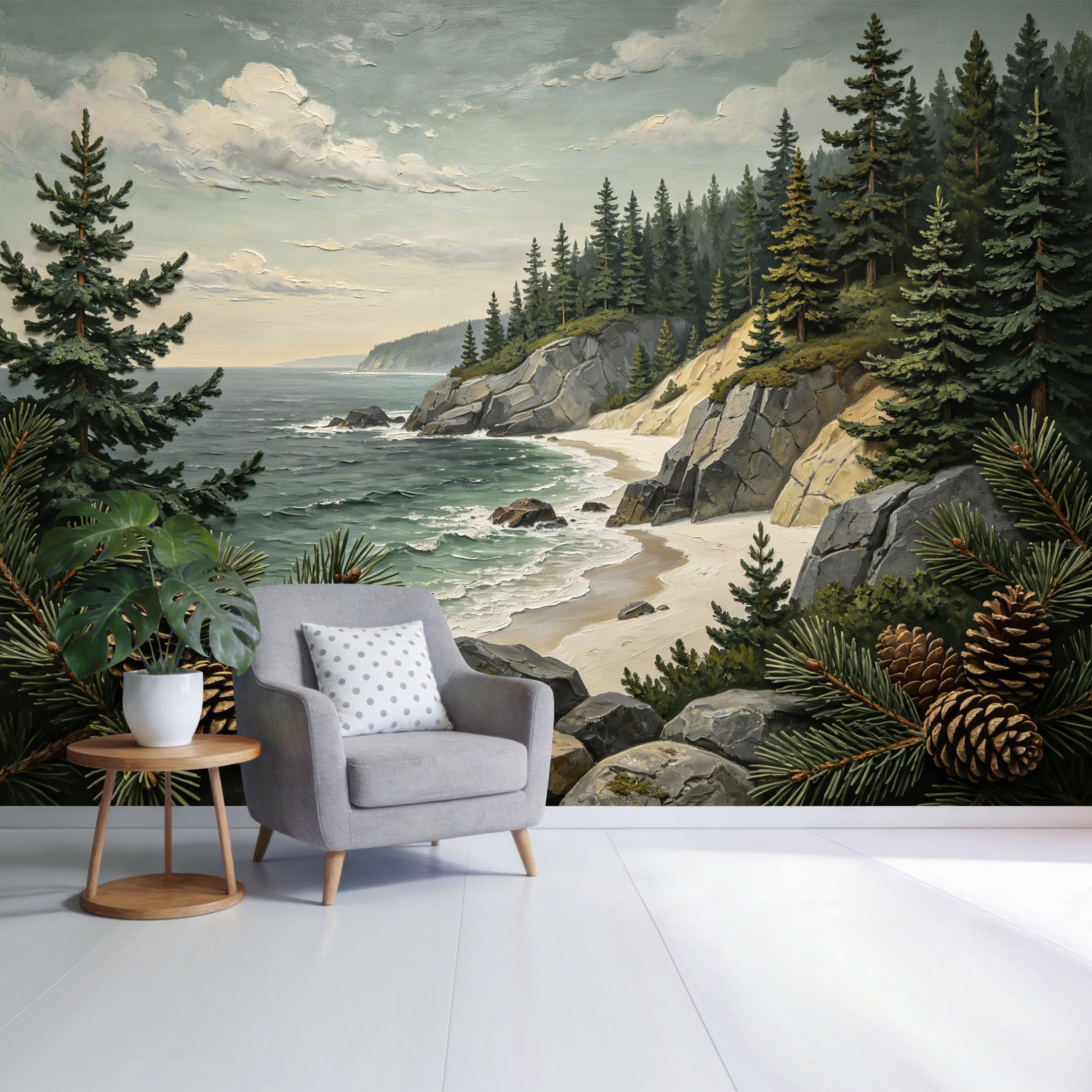 Custom Size Wall Mural Coastal Pine Forest Cliff Ocean Waves Landscape SelfAdhesive Wall Fabric Removable Wallpaper for Home Office Decor